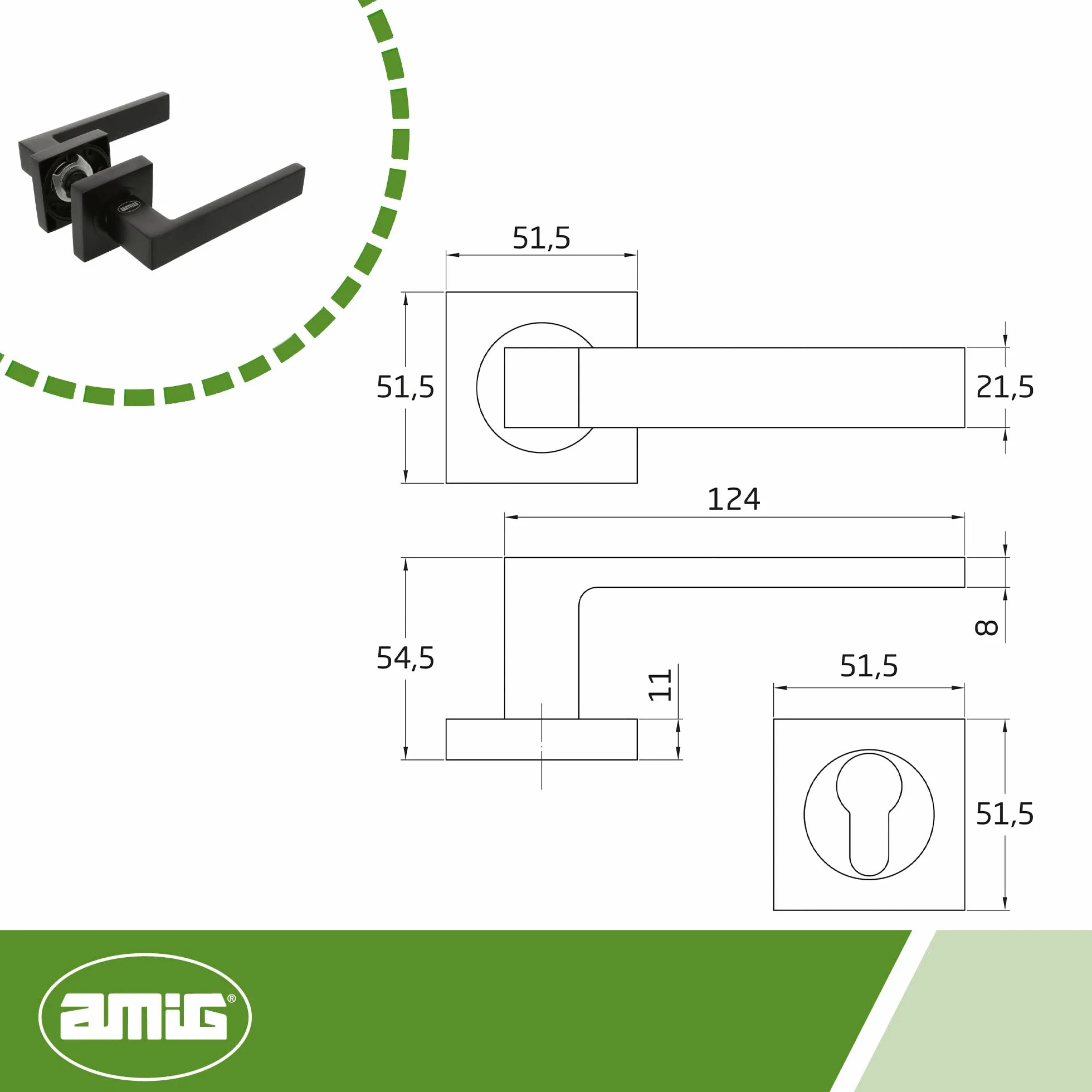 Amig - Juego de Manillas para Puertas - Mod. CADIZ - 52 x 124 mm - Con Bocallave - Diseño Elegante y Sencillo - Manija de Agarre Ergonómico - Zamak Negro Mate
