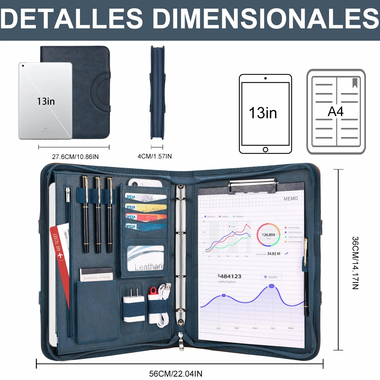 Carpeta A4 de Piel Vegana Leathario, Cuaderno Porta Documentos con Encuadernación de Anillos
