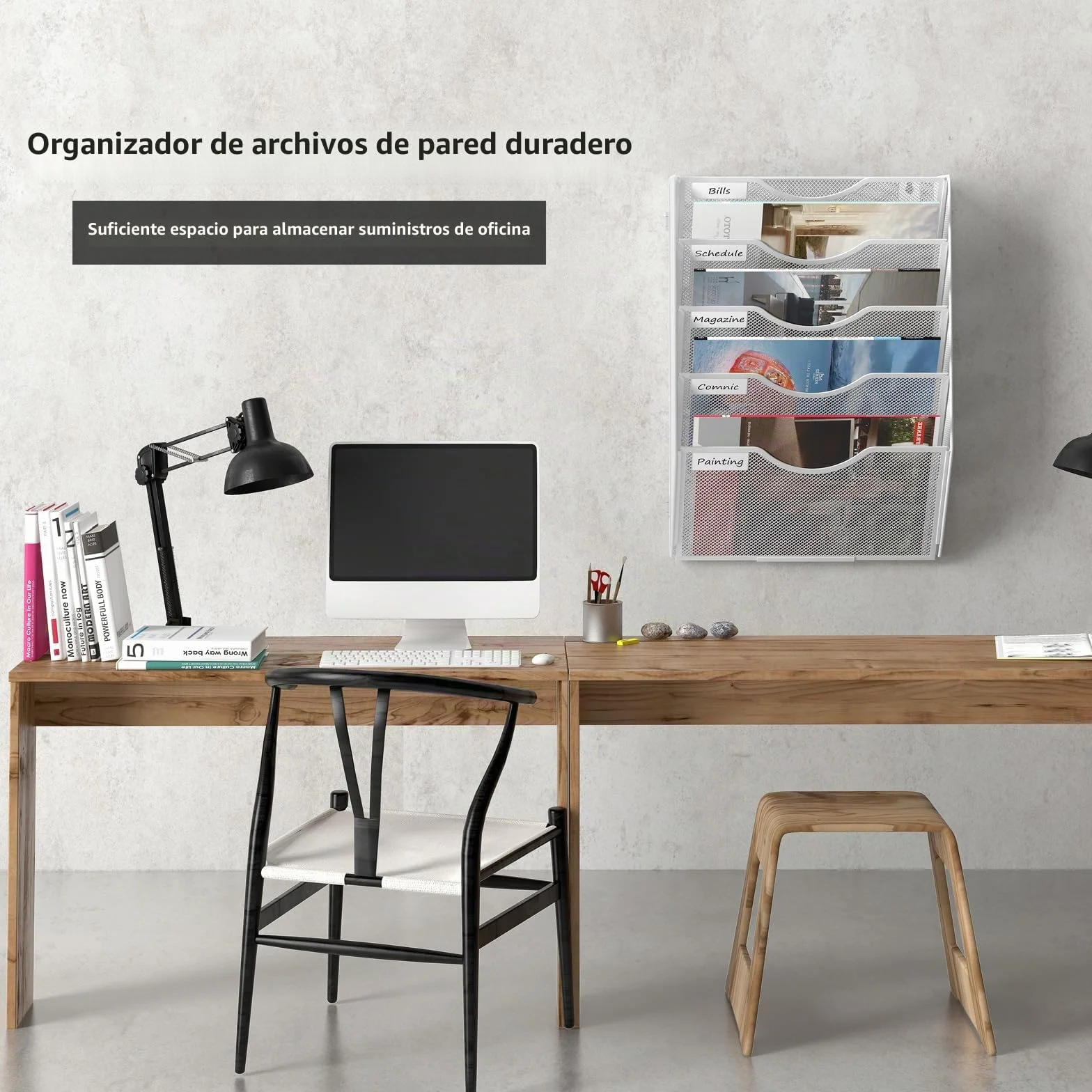 TQVAI Revistero Pared Malla Metálica 5 Compartimentos Organizador Documentos A4 Colgante Blanco