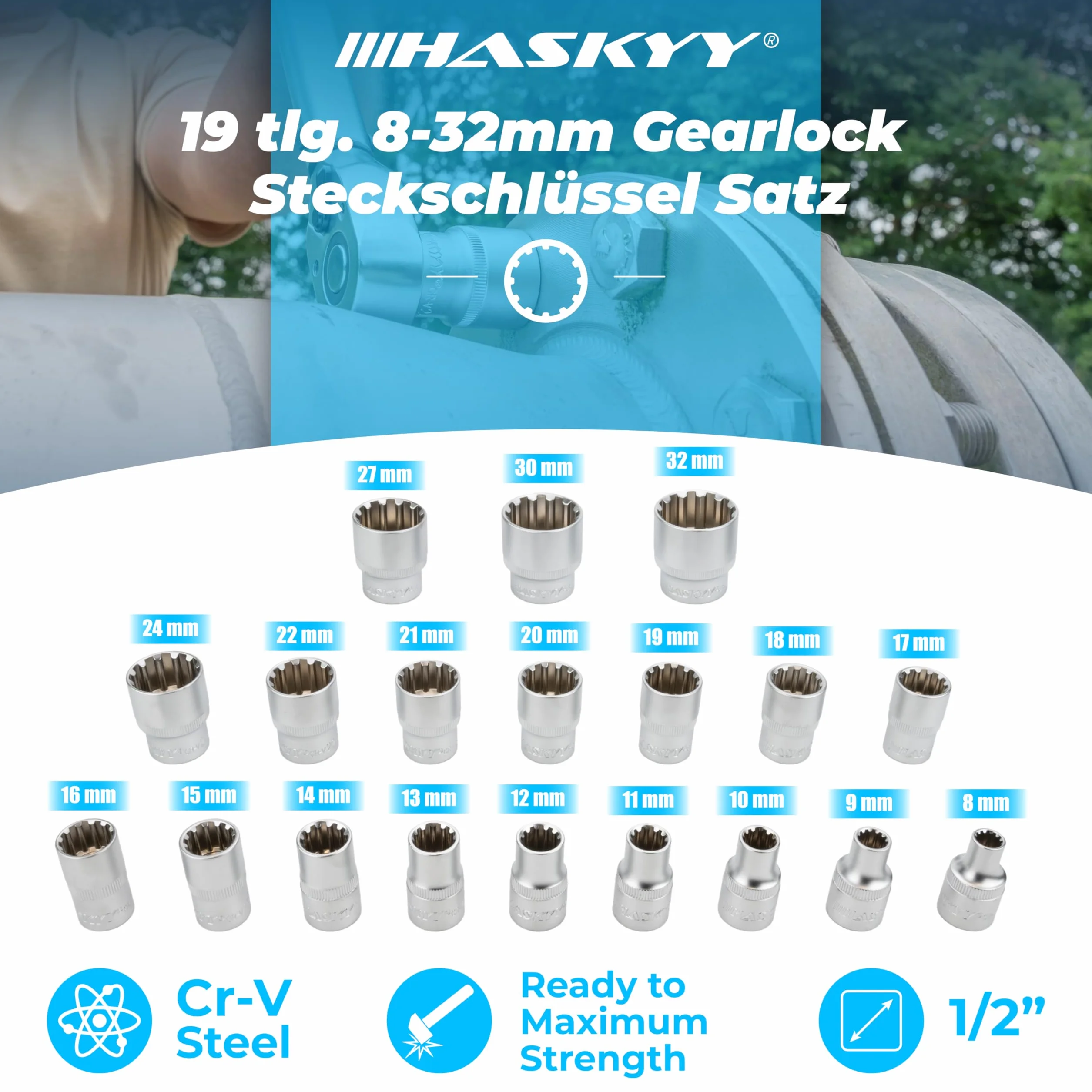 HASKYY Juego de llaves de vaso vasos insertables Gear Lock 1/2" 8-32 I estriados Torx, pulgadas I herramienta para vasos exteriores e interiores I 19 piezas