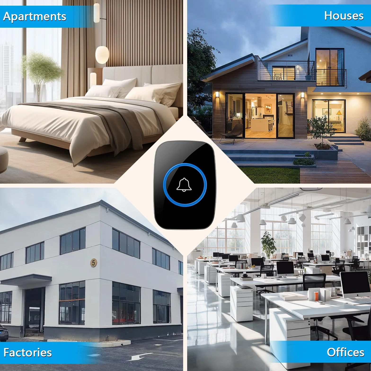 VFANDV Timbre Inalámbrico Exterior Impermeable, IP44 Impermeable Doorbell 300M, Kit de Timbre Inalambrico, 5 Niveles de Volumen y 60 Melodías, Indicador LED para Hogar, Salón, Oficina (Negro)