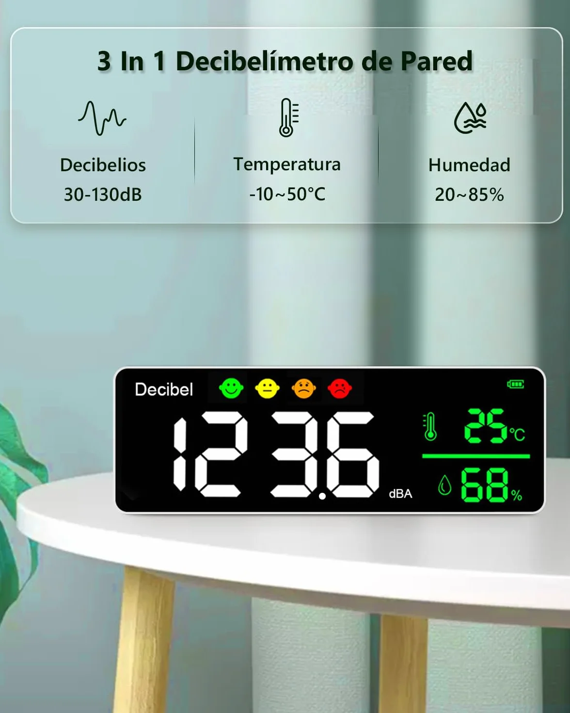 Medidor de Decibelios Digital 3 en 1 Sonómetro 30-130dB ±1.5dB Medidor Nivel Sonido Temperatura Humedad Pantalla LCD