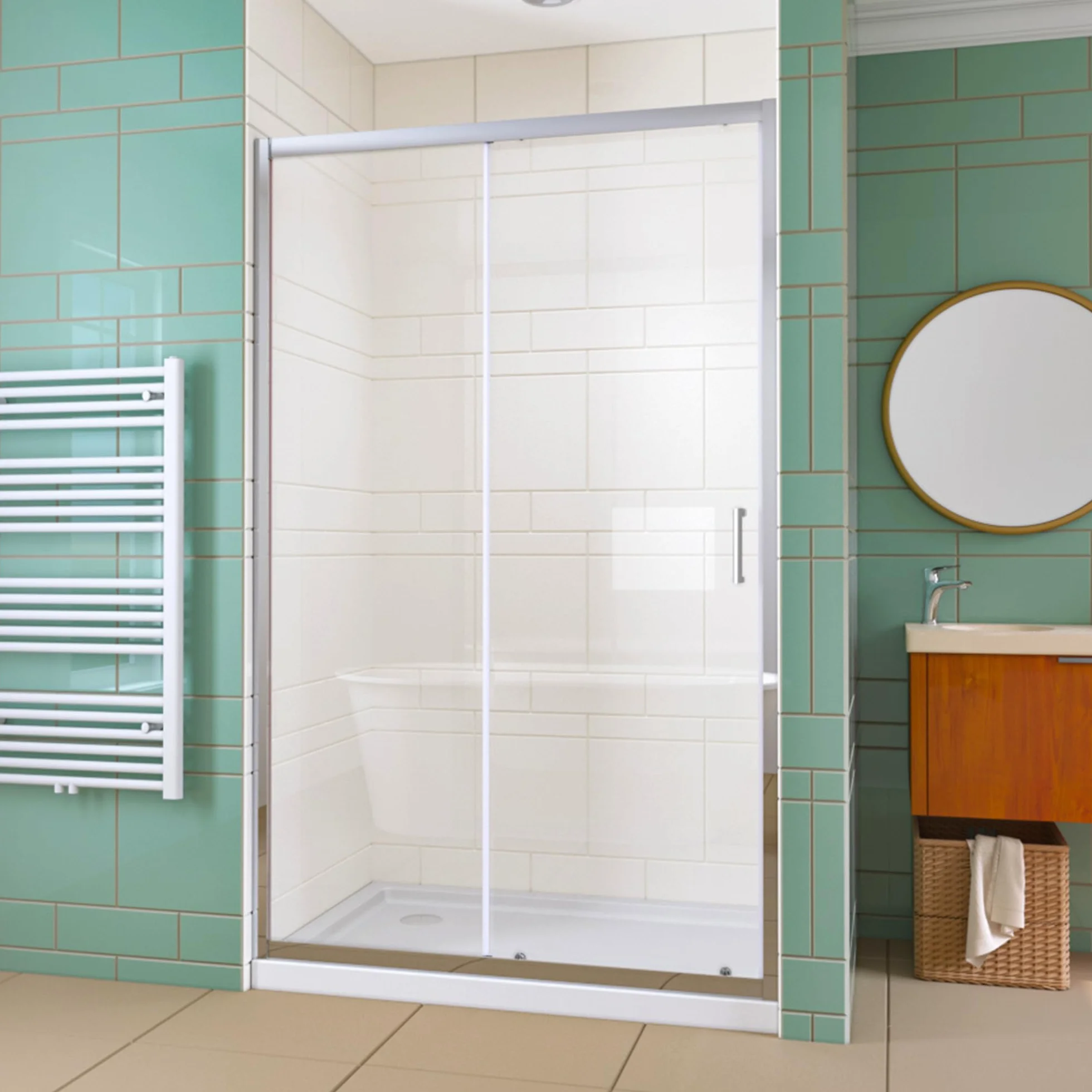 Puerta corredera de 150 x 185 cm, puerta corredera individual de cristal de seguridad de 5 mm (ESG), transparente, mampara de ducha, mampara de ducha, color plateado