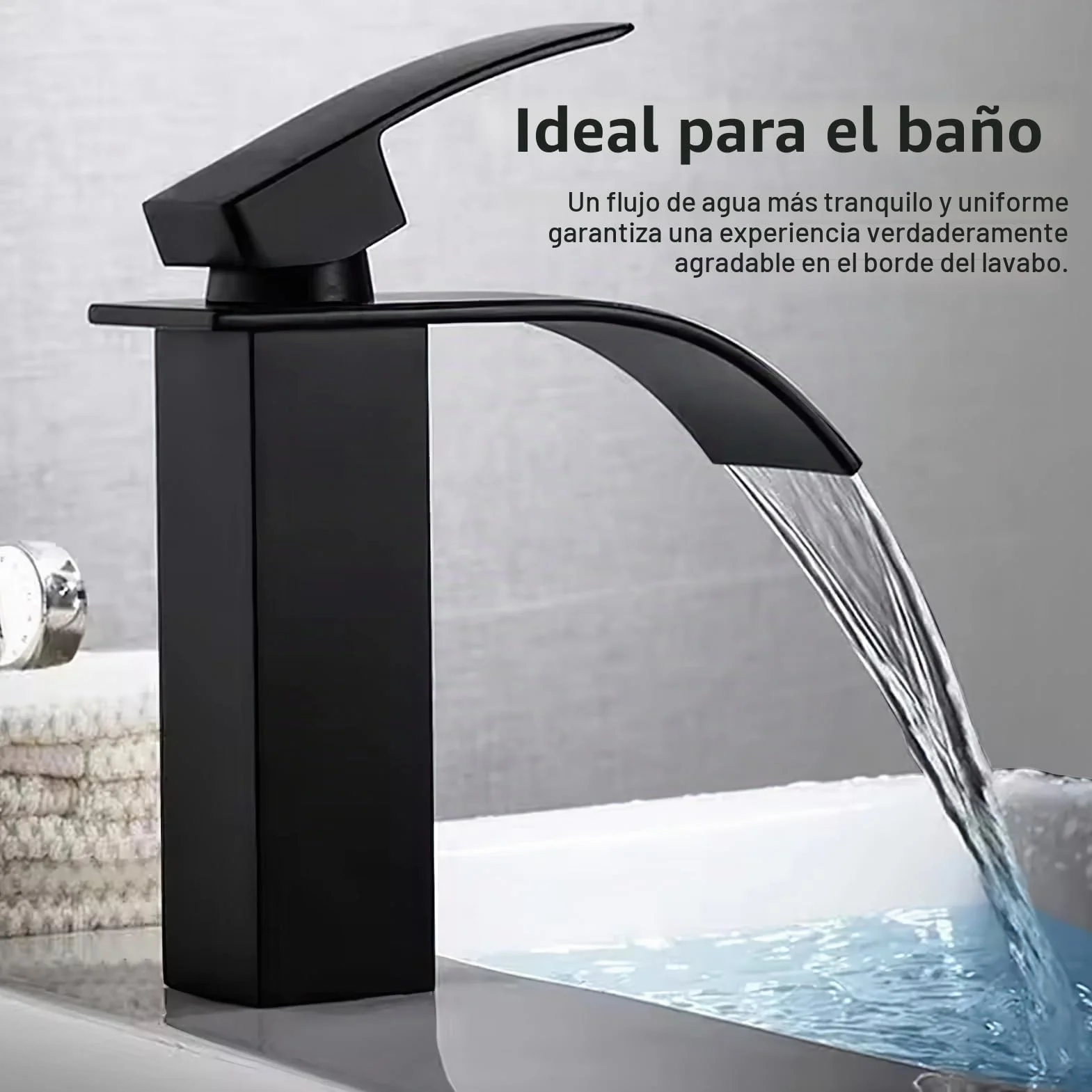 Grifo de cascada y lavabo, caño cascada, acero inoxidable, caliente y frío, vertical, altura 24,5 cm