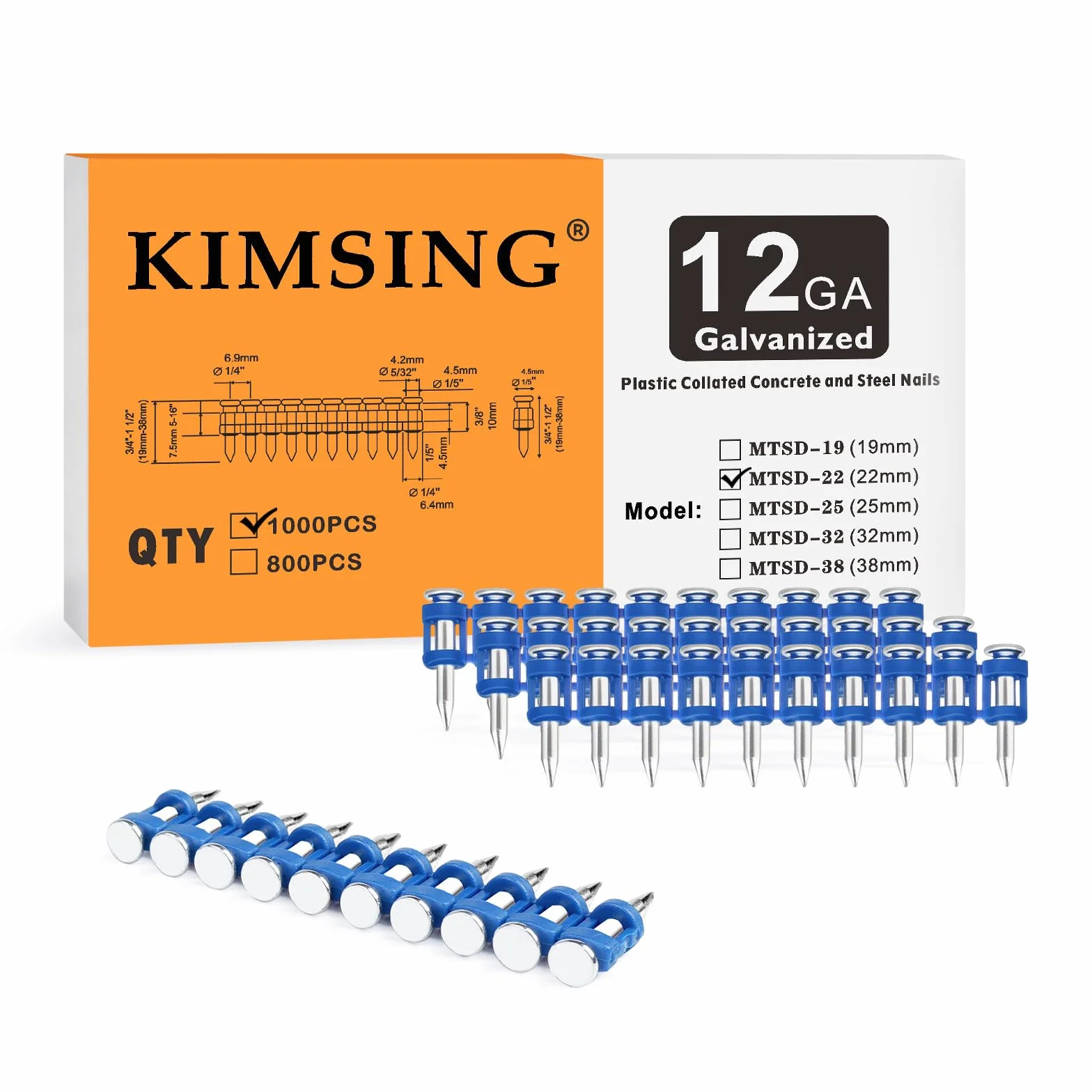 MTSD-22 12 Gauge 7/8 Inch X .109 Inch Smooth Shank Plastic Collated Concrete and Steel Drive Pin Mechanical Galvanized for Gas Power Concrete and Steel Nailer 1000 PCS/Box (1, Caja)