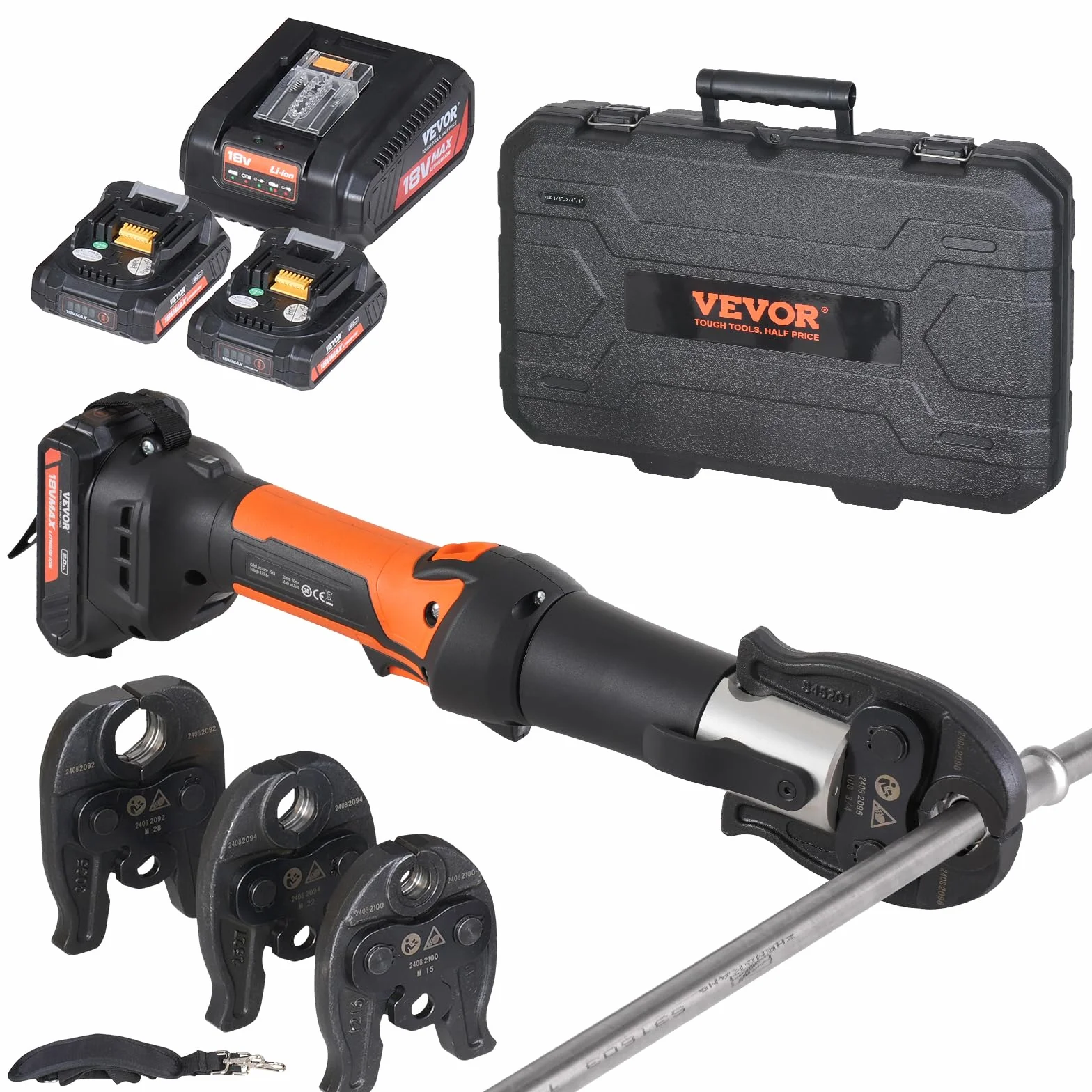VEVOR Kit de Herramientas para Engarzar Tuberías Eléctricas con 2 Baterías de 18 V 2,0 Ah, Engarzadora Profesional con Mandíbulas V15, V22, V28, Cargador Rápido y Estuche de Transporte 360°