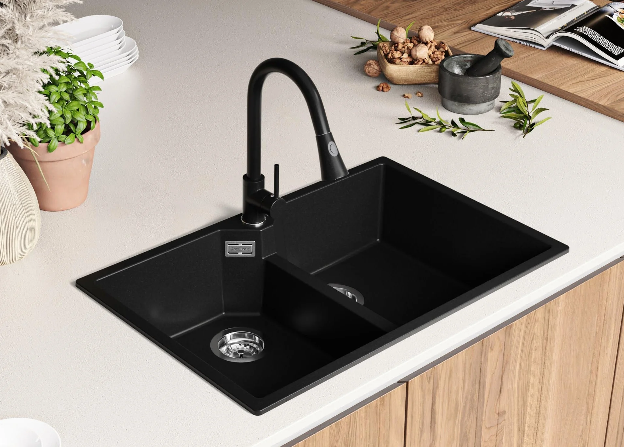 PRIMAGRAN Fregadero Cocina Negro 78x50cm, Granito 2 Senos + Sifón, Sobre Encimera al Mueble 80cm - Madrid Twin S001