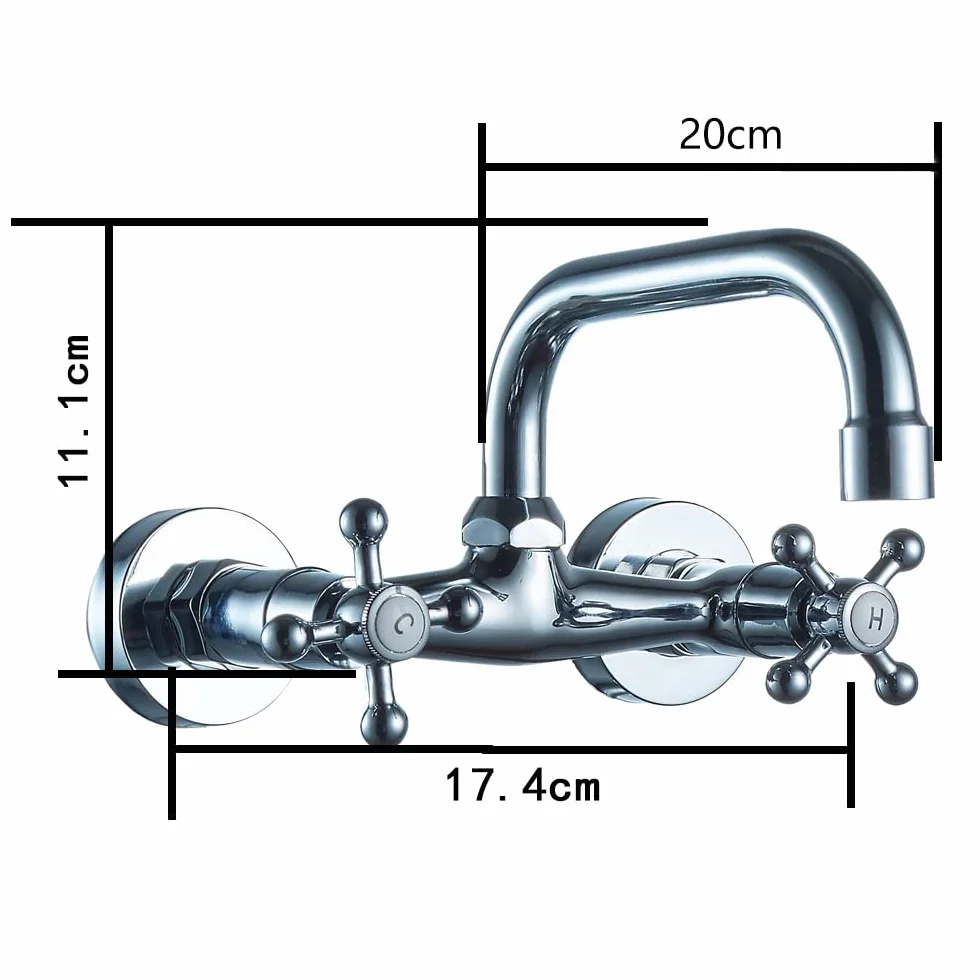 Grifo montado en la pared, Grifo Doble de dos manijas para cocina, Grifo Lavadero, Grifo de cocina nostálgico, regulador giratorio, retro, instalaciones de baño, plata