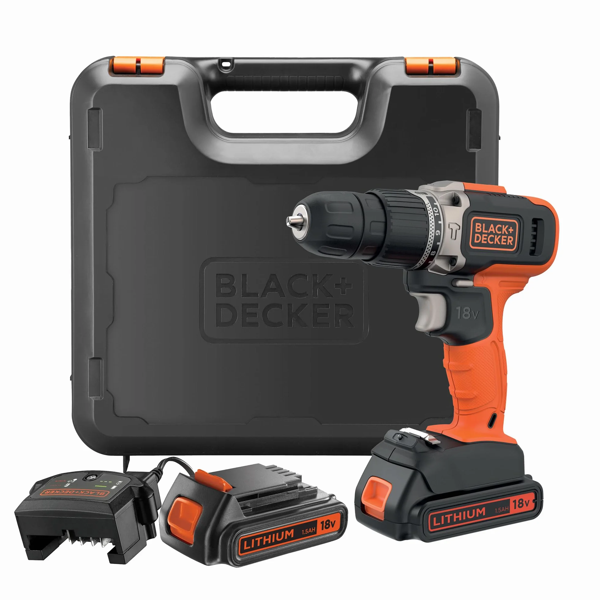 BLACK+DECKER Taladro percutor inalámbrico de 18V y 2 velocidades con dos baterías de 1,5Ah y cargador de 400mA, par de 45Nm, luz de trabajo LED y maletín, BCD003C2K-QW