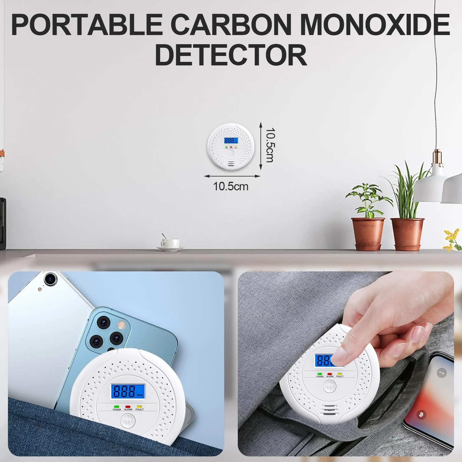 Detector de Monóxido de Carbono, Detector de CO, Pantalla LCD Digital, Alarma de 85 dB, Detector CO con Batería Reemplazable, Portátil para Hogar, Caravana, Viajes