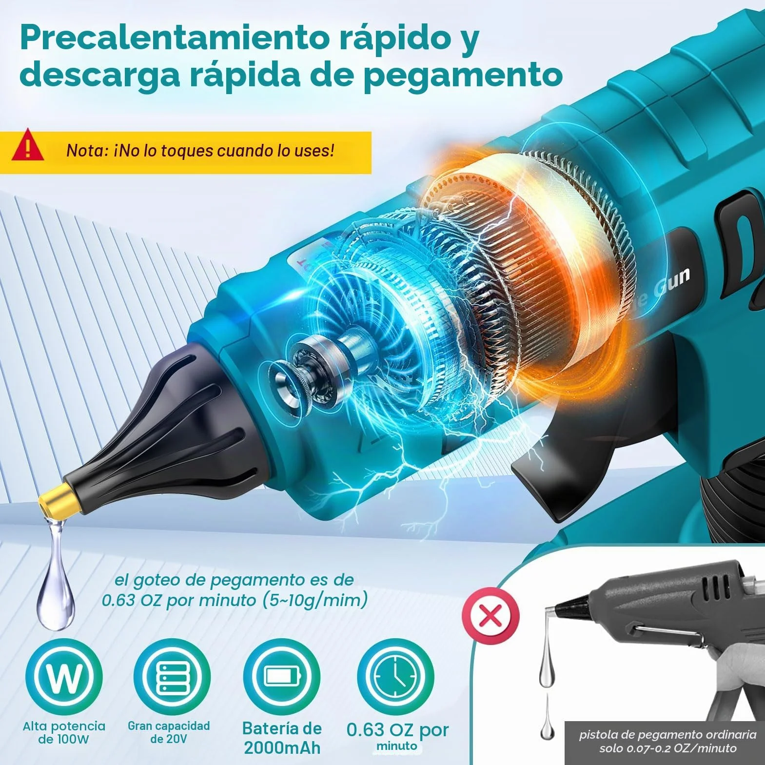 Pistola de Pegamento Caliente Inalámbrica con Batería de 100 W, con Batería de 21 V y 2000 mAh y Cargador, Pistola de Pegamento de Calentamiento Rápido con 12 barras de Pegamento, Pistola de Pegamento