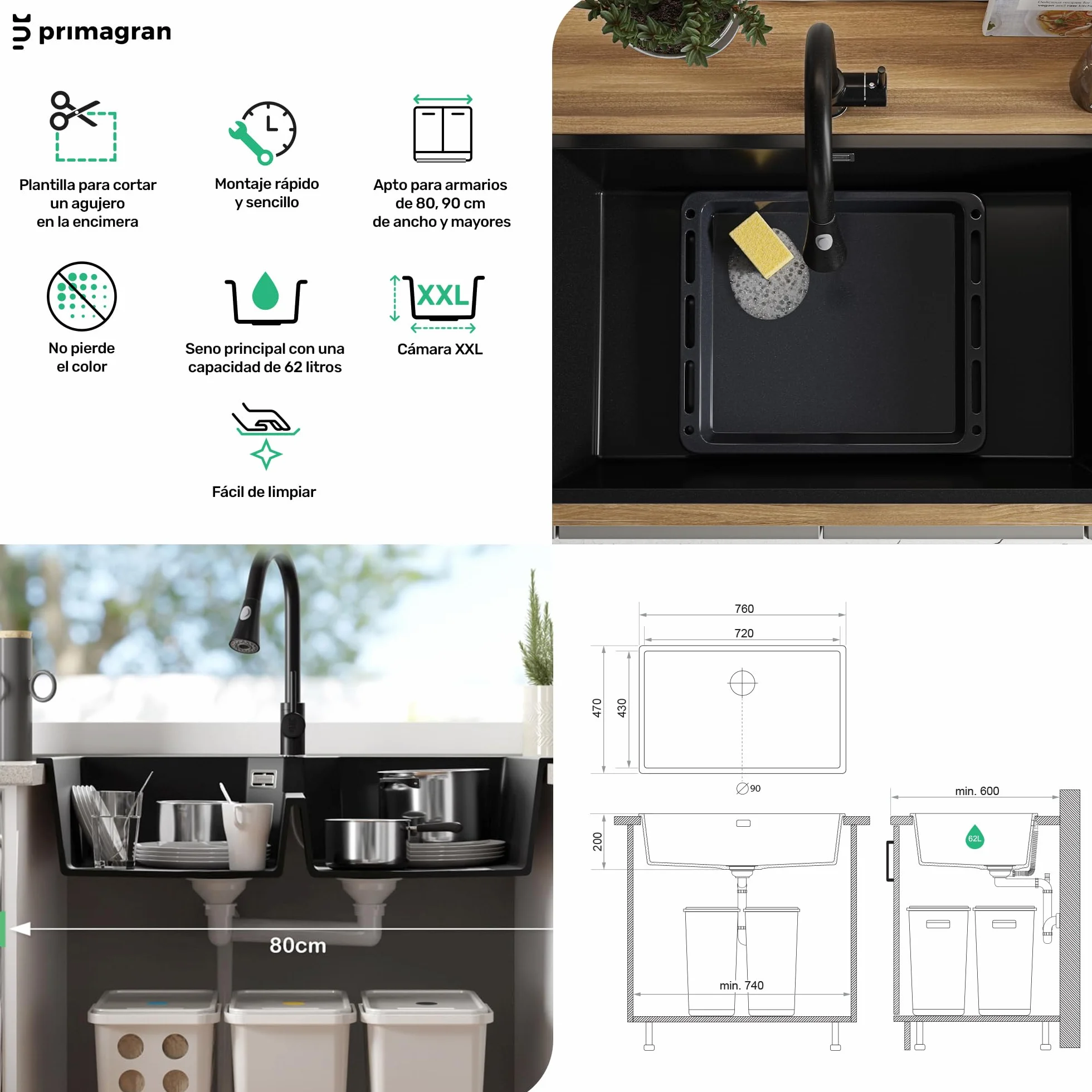 PRIMAGRAN Fregadero Granito Todo Negro 76x47cm, Cocina 1 Seno + Grifo 40x20cm + Sifón + Enrollable Escurridor, Sobre Encimera al Mueble 80cm - London Slim S531