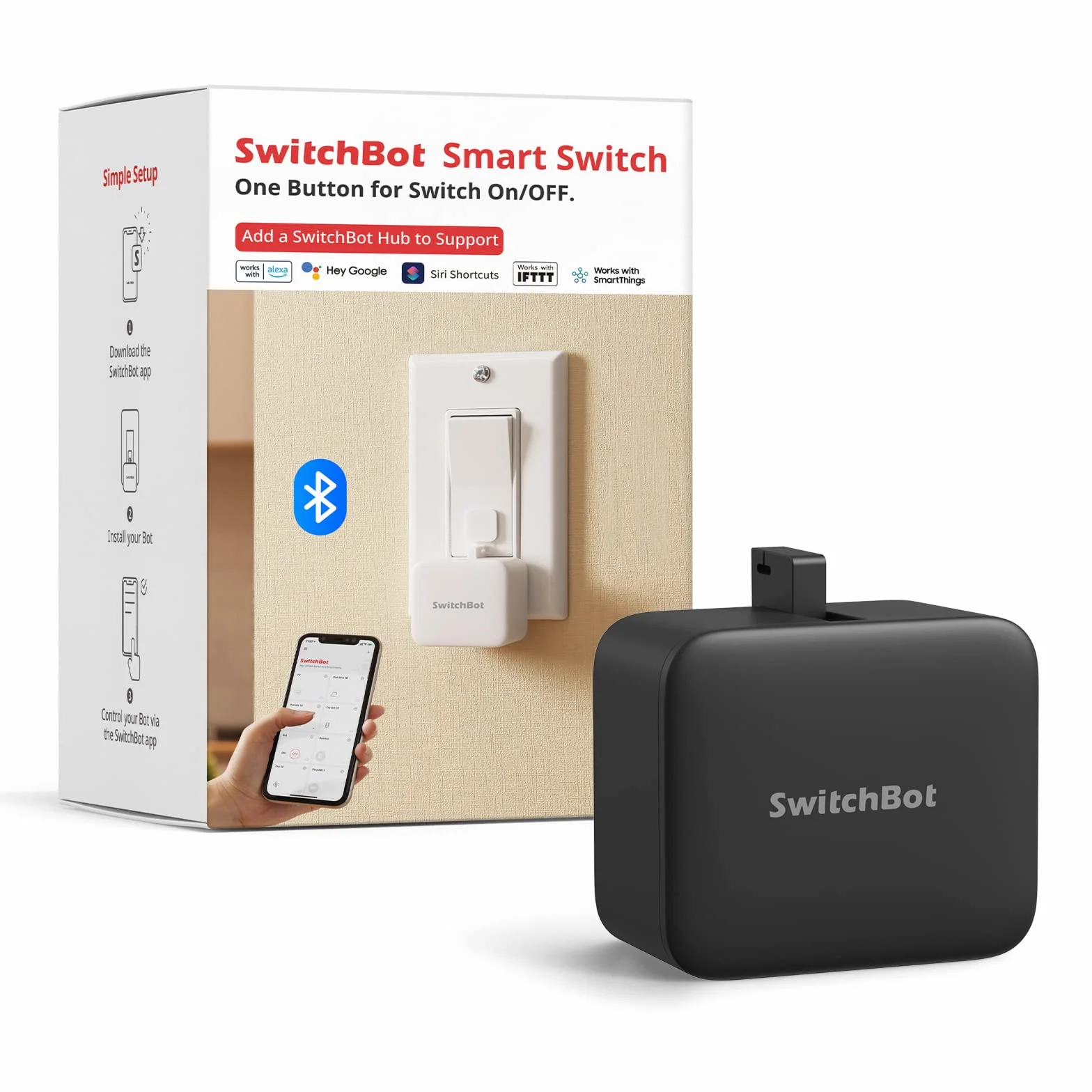 SwitchBot Smart Switch Button Pusher - Bluetooth App o Control de Temporizador, Fácil de Usar con 3 Modos, Necesita SwitchBot Hub para ser Compatible con Alexa, Google Assistant, Siri, IFTTT (Negro)