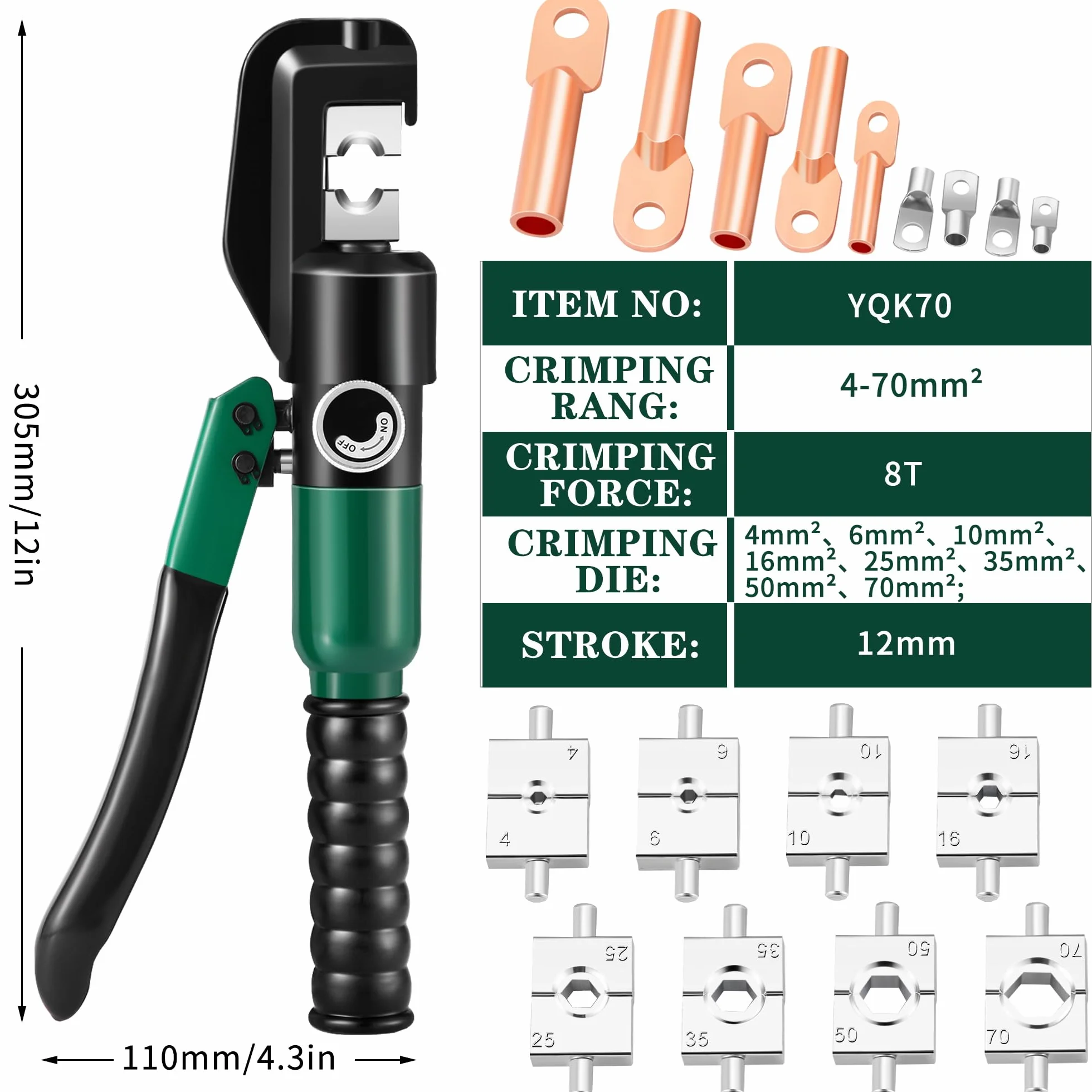 Engarzadora de terminales de cable hidráulico de 6-70 mm², kit de herramientas de cable de terminal eléctrico con 8 troqueles (herramienta de engarzado de 4-70 mm²)(YQK70)