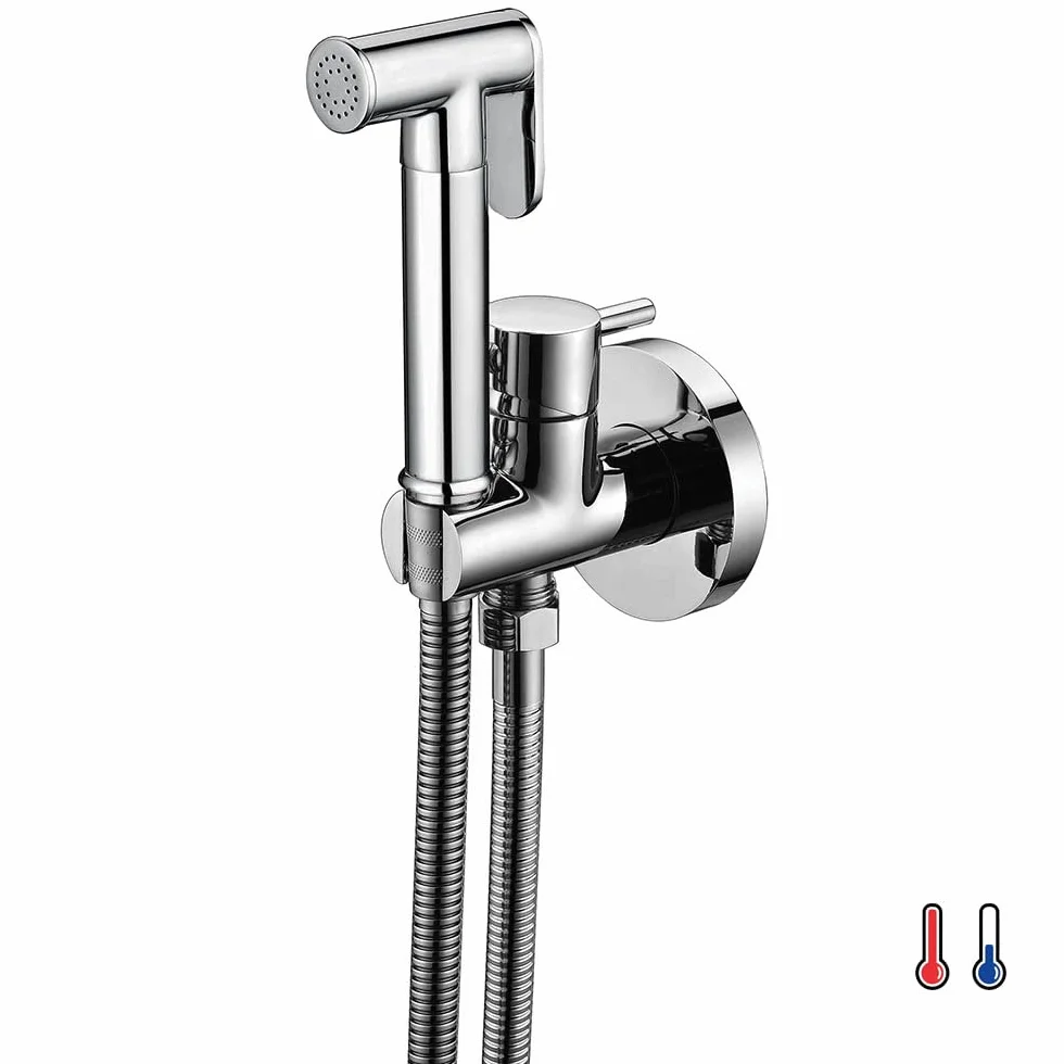 Kibath L473551 Grifo para el WC, higiene íntima para sustitución del Bidet, Monomando Agua fría y Caliente con Ducha de Mano. Diseño Redondo, Cromo Brillo