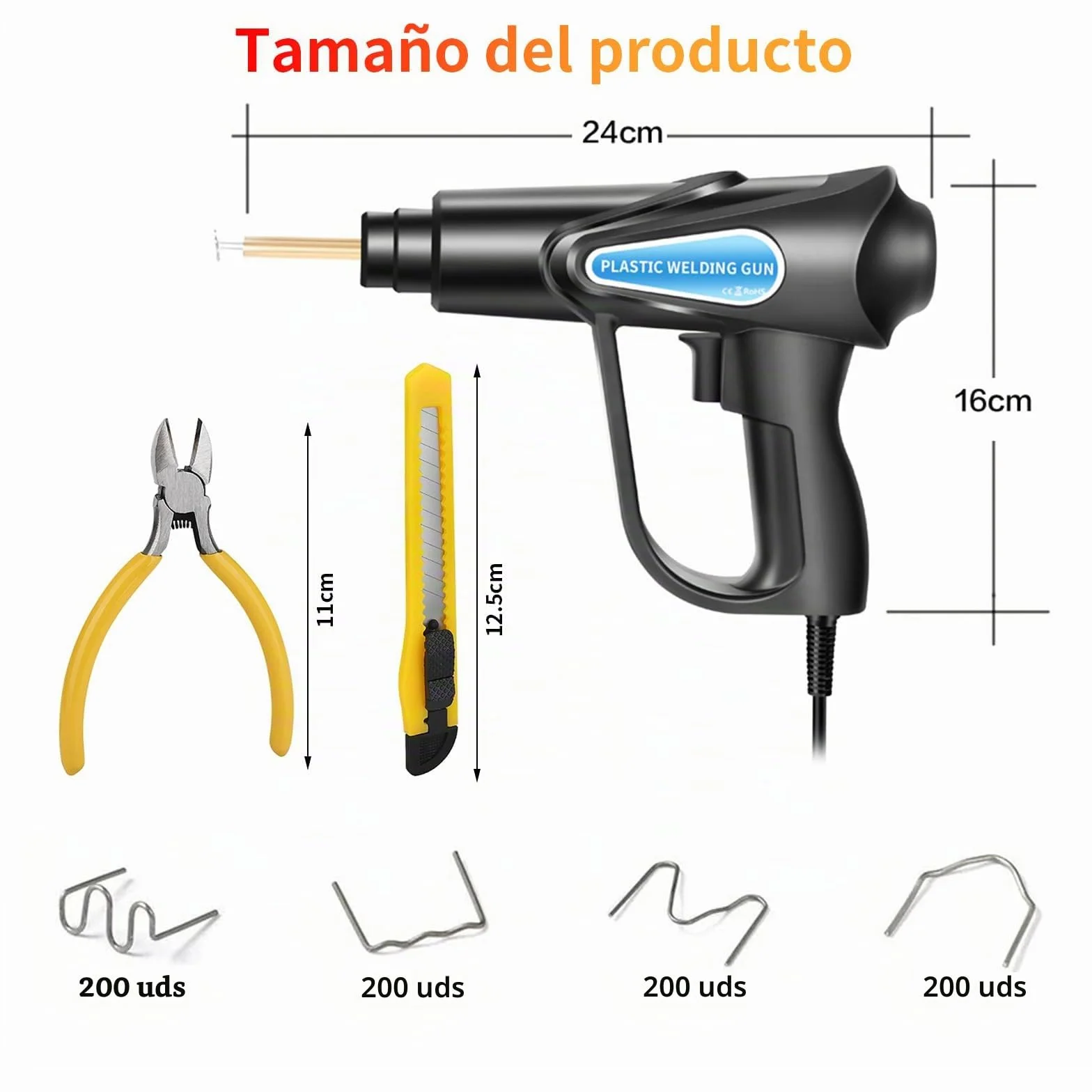 Soldador de Plástico con 800pcs Grapas, 70W Pistola Soldar Plastico pour Réparer lesPare-chocs de Voiture et d'Autres Pièces en Plastique, plano/esquina exterior/esquina