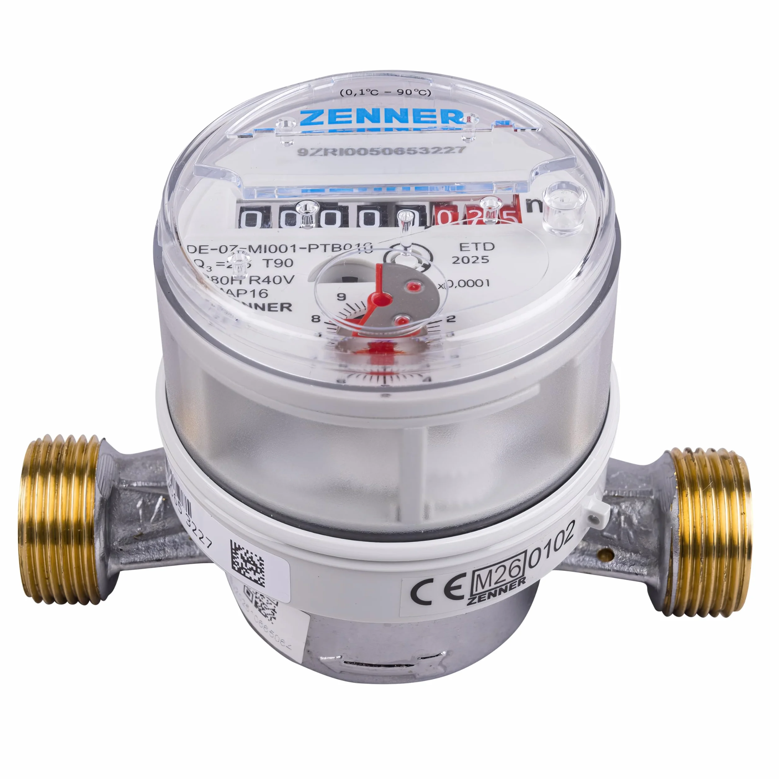 Contador de agua de Zenner Q3 = 2,5 para agua fría + caliente, BL 110 mm, 3/4 pulgadas de conexión/calibrado 2026 con la marca "CE M26 0102" lateralmente en el contador.