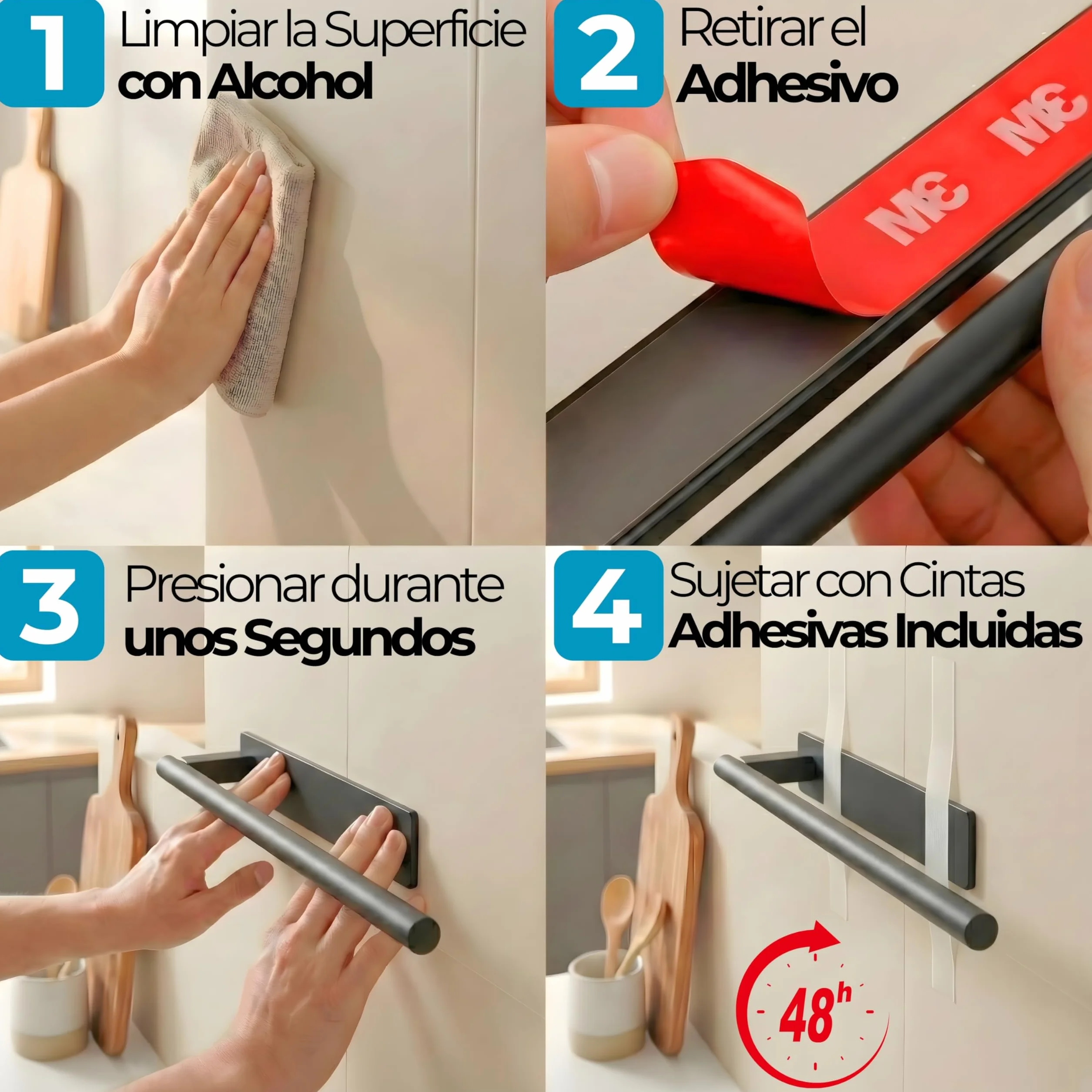 Toallero Adhesivo Baño sin Taladro Negro Mate de 43cm Fabricado en Acero Inoxidable 304 Resistente a la Humedad y al oxido Toallero sin Taladro de Facil Instalación y Fuerte fiajación Adhesiva 3M