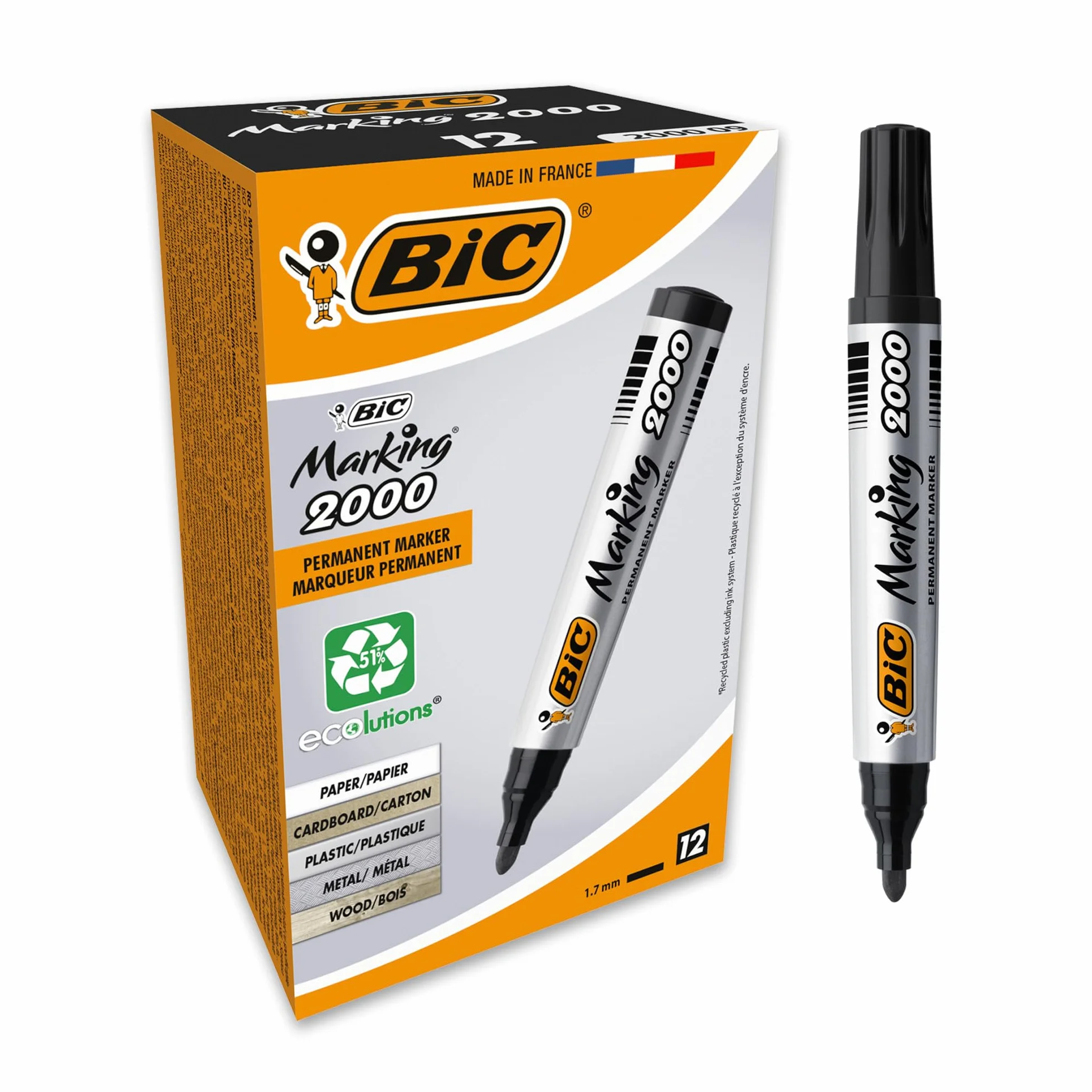 BIC Marking Rotuladores Permanentes 2000 ECOlutions Negro Punta Media Caja de 12