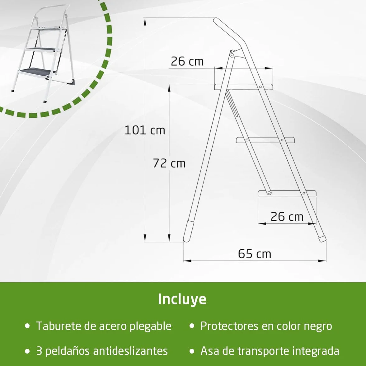 Amig - Escalera Plegable - Taburete de Acero con 3 Peldaños Antideslizantes – Medidas: 72 x 65 x 101 cm - 150 kg - Acabado Blanco con Protectores Negros – para Uso Profesional y Doméstico