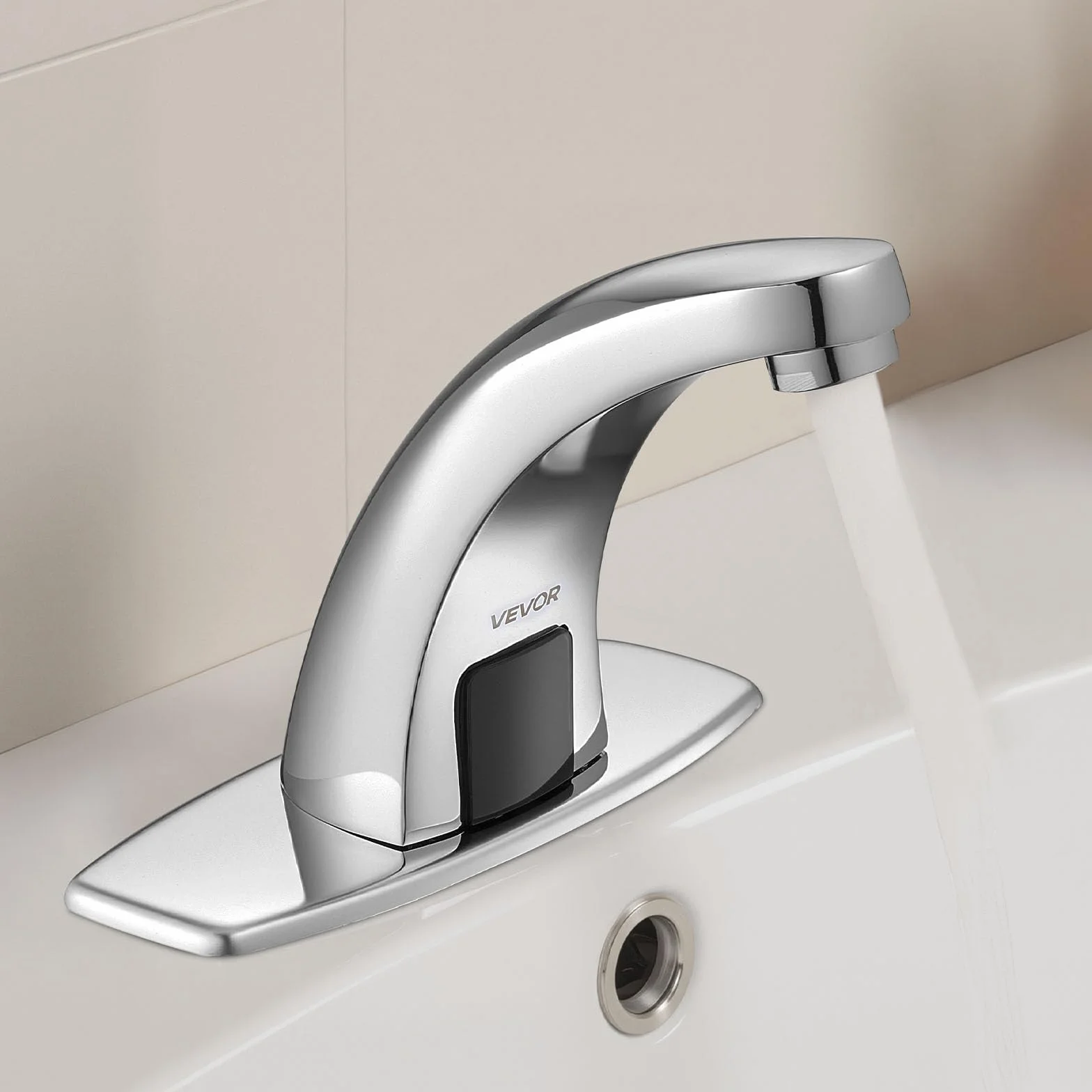 VEVOR Grifo de Lavabo Automático sin Contacto a Baño, con Sensor y Tapa, Alcance 16 cm, Grifo a Pilas para Inodoro y Lavabo, Diseño Delfín, Aleación de Zinc, Cromado Plateado, 160 x 45 x 125 mm