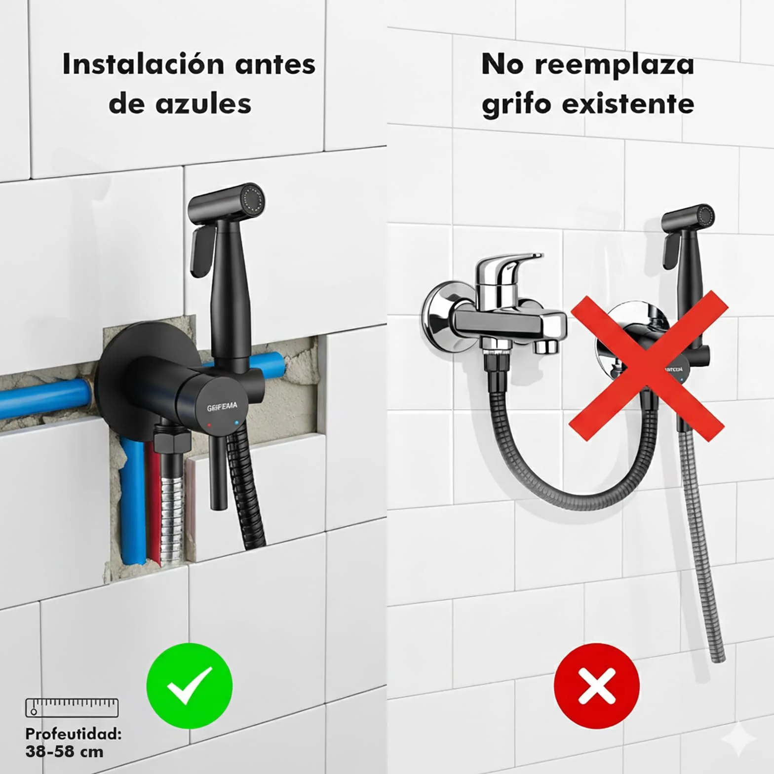 GRIFEMA G154B-1 Grifo bidet negro Monomando Empotrar para Bidé WC Agua Caliente y Fría Ducha Mano Soporte Manguera Flexo 1.2 m