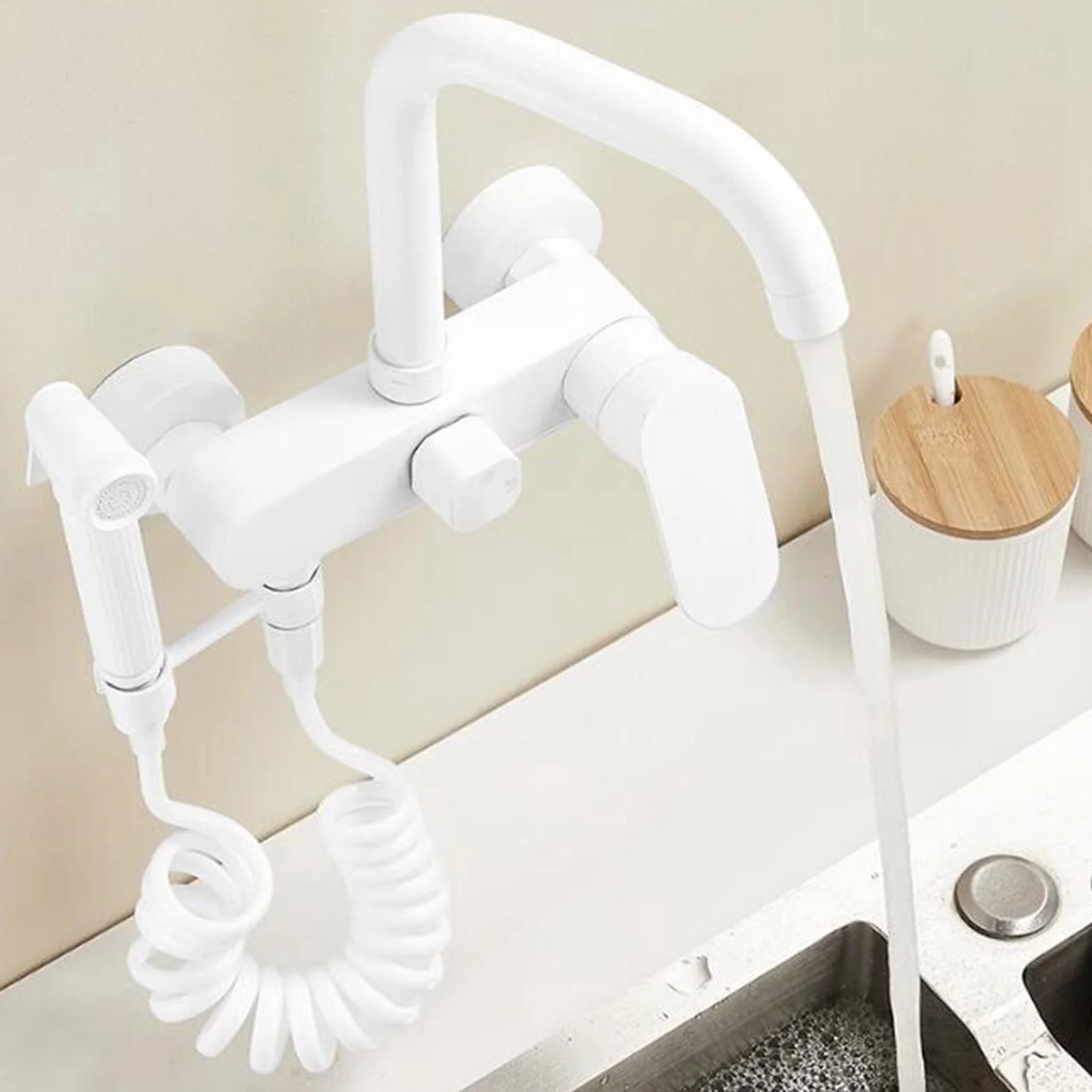 Grifo de Cocina Pared Blanco Pistola Telescópica Agua Fría y Caliente Giratoria Latón Grifo Fregadero Cocina Pared