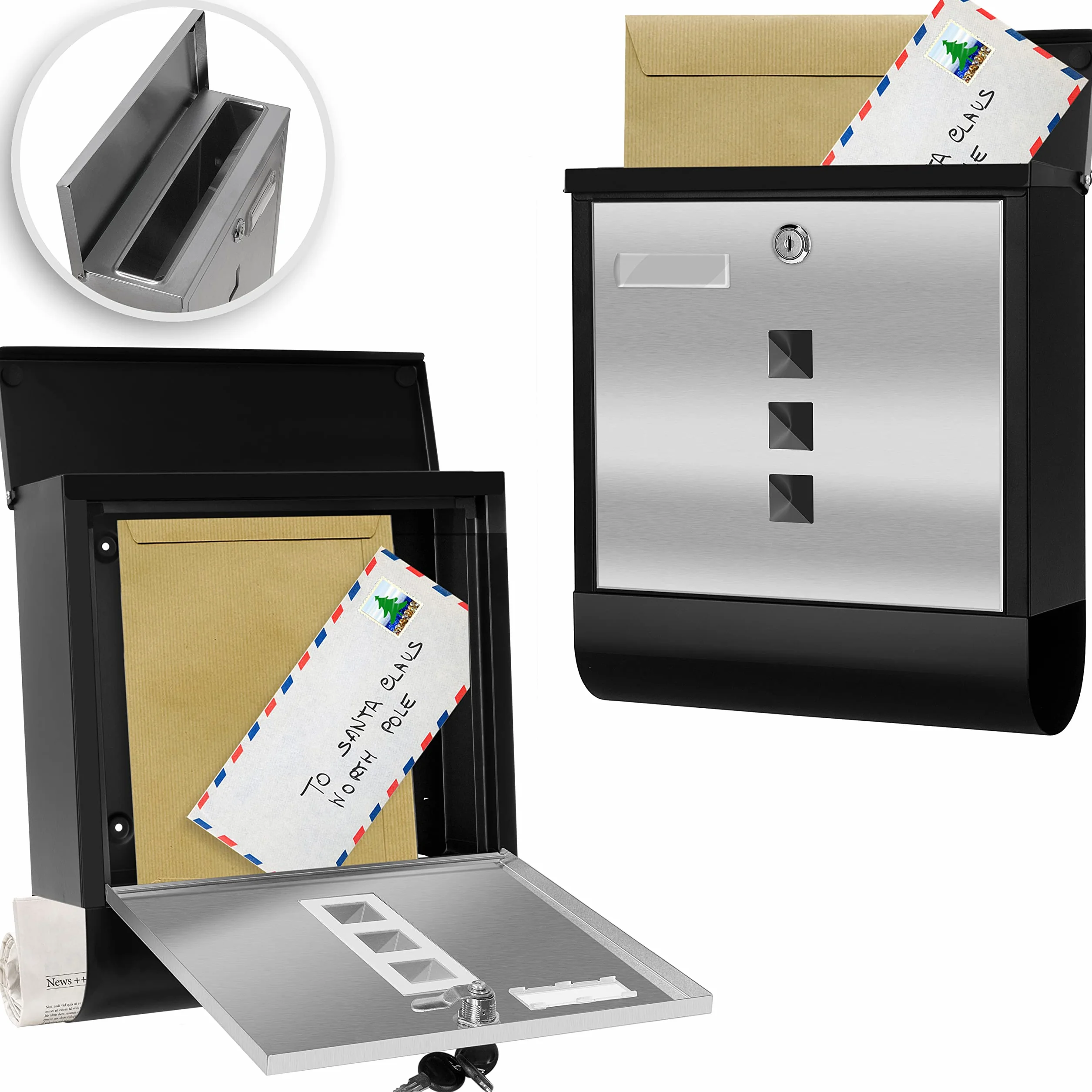 KESSER® Buzón de Acero Inoxidable con Placa de Nombre para el Compartimento del periódico, Ventana de visualización, Cepillado, con Cierre de 3 Llaves, con Recubrimiento, Negro/Plata