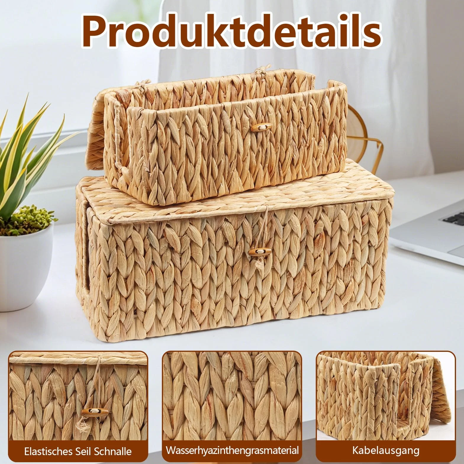 Caja de 2 cables, caja de gestión de cables de jacinto de agua trenzada natural, caja organizadora de cables debajo del escritorio con tapa de bambú, almacenamiento de cables con apertura