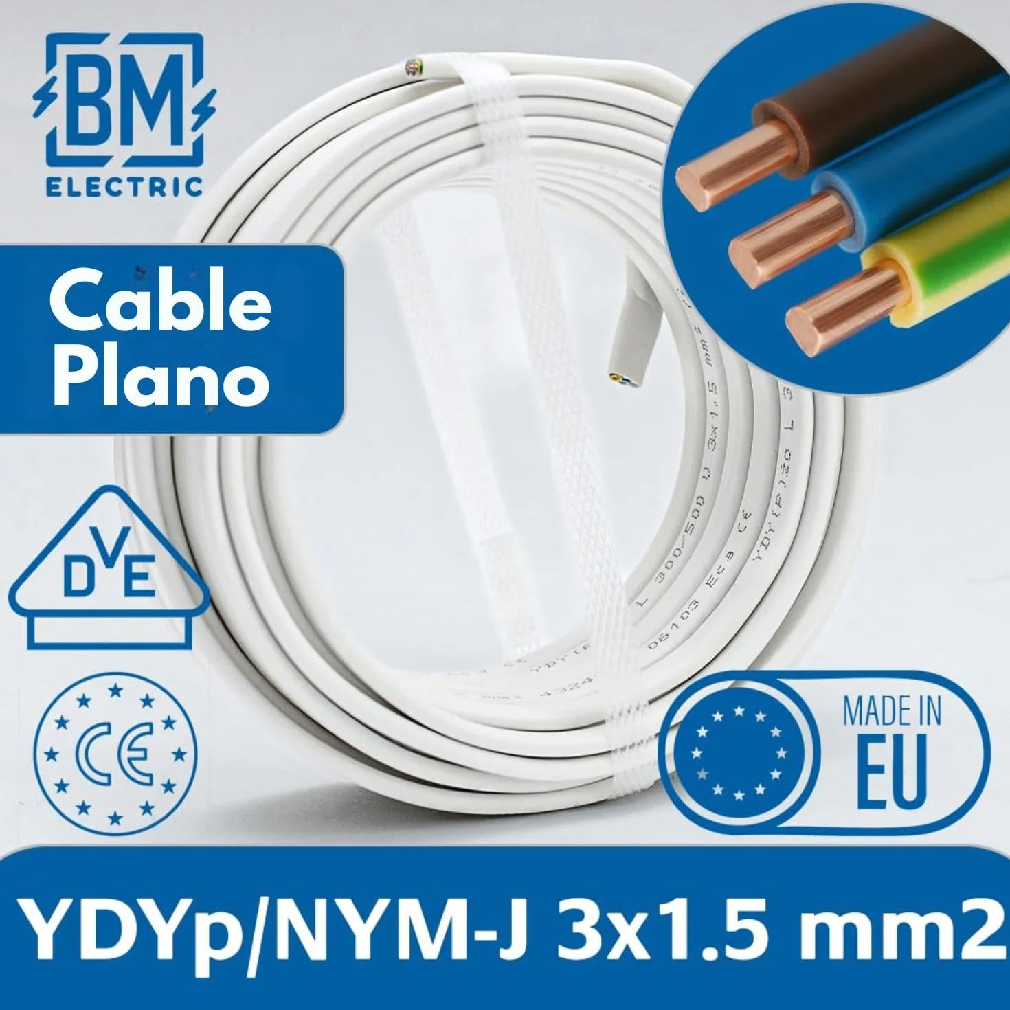 NYM - Cable YDYp de 3 x 1,5 mm² – Cable de alimentación tripolar, cable plano de 5 m, 10 × 5 mm, pasaventanas, cable para ambientes húmedos, conductor de cobre macizo, 300/500 V