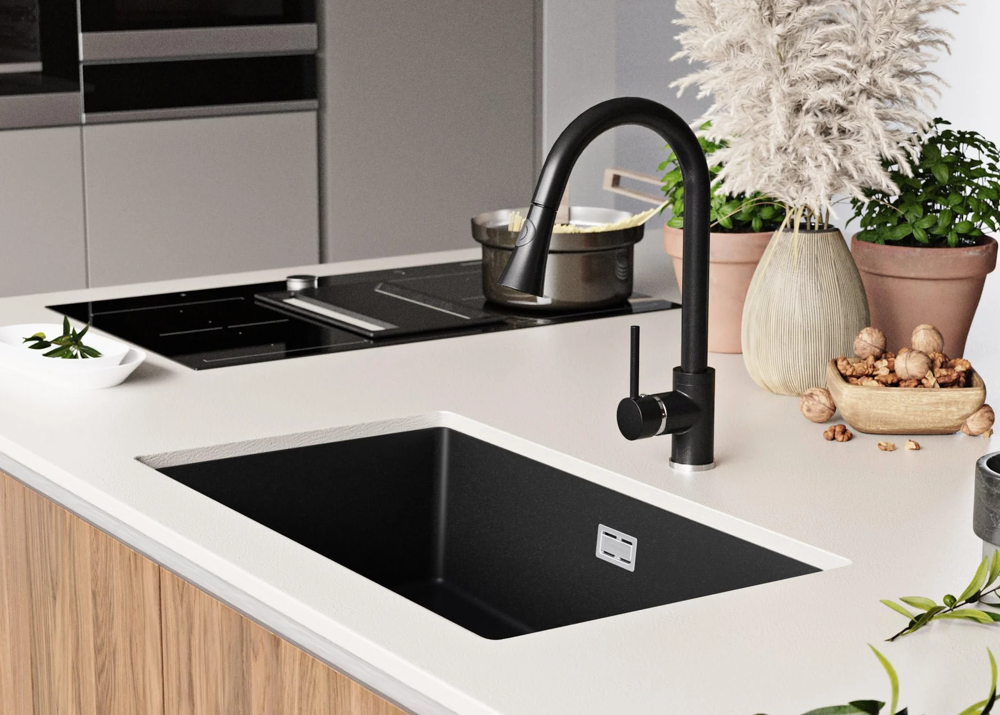 PRIMAGRAN Fregadero bajo Encimera Negro 76x47cm, Cocina 1 Seno + Sifón, Granito al Mueble 80cm - London S477