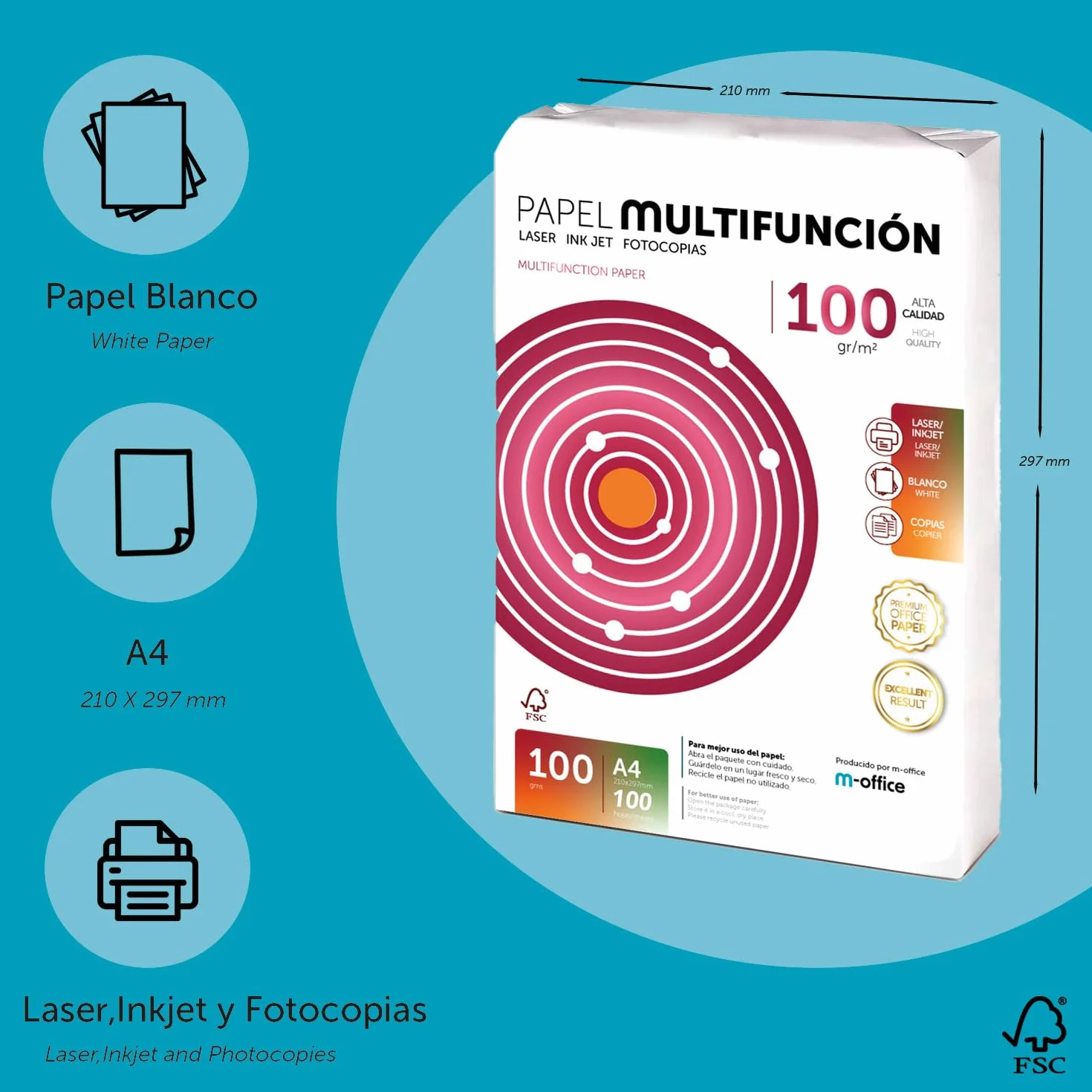 Papel Multiusos A4 100gr 100 Hojas, Folios para Impresoras Laser e Inyección, Fotocopiadora, Fax, Oficina