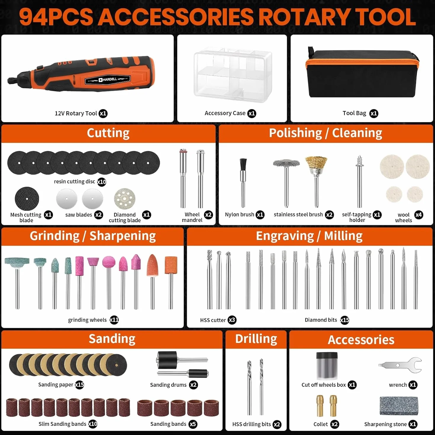 HARDELL Herramienta Rotativa 12V Inalámbrica con 94 Accesorios, 6 Velocidades (5000-30000 RPM) para Grabado, Pulido, Lijado, Taladrado, Corte y Bricolaje + Bolsa