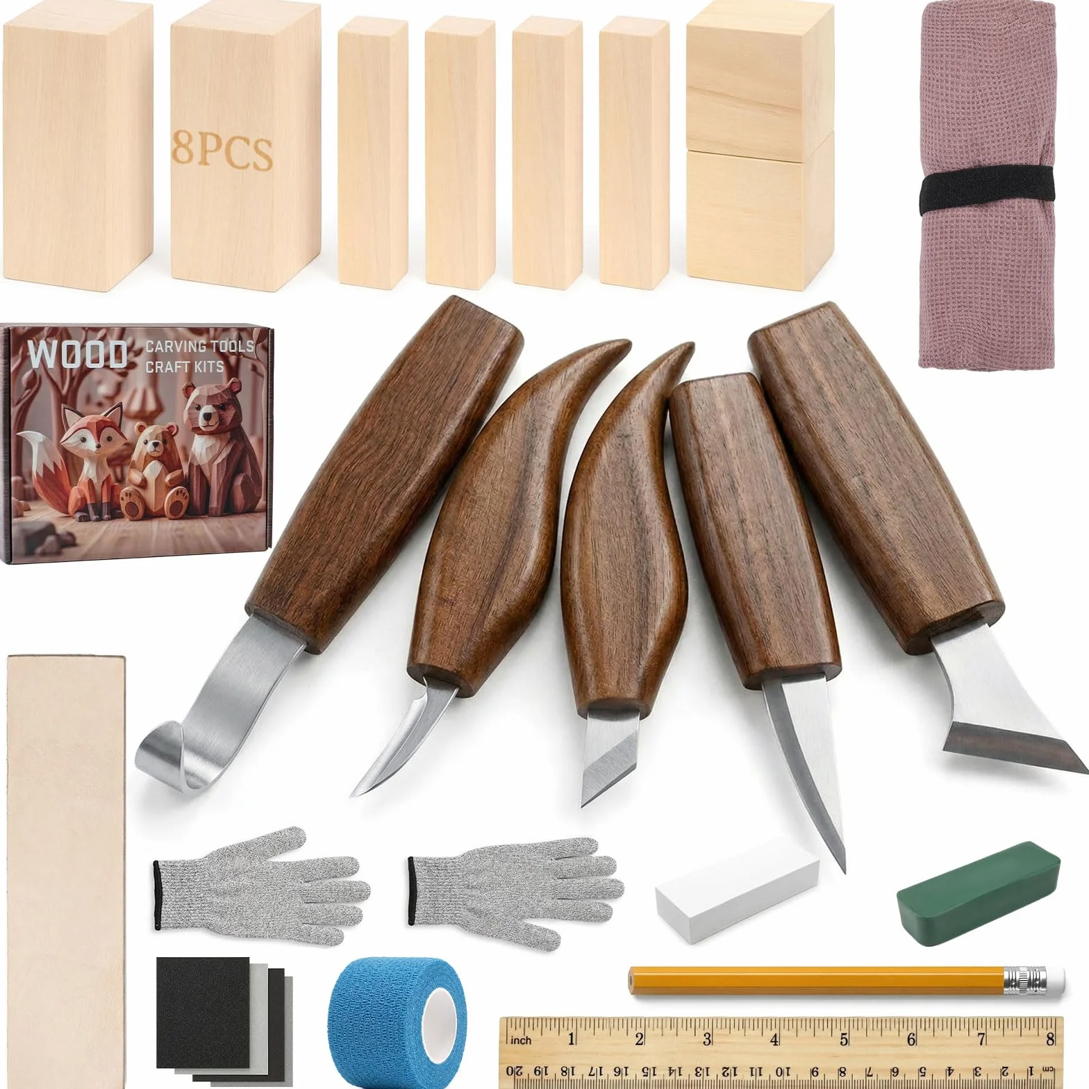 PUYUKO Kit de Tallado en Madera 26 Piezas con 5 Cuchillos, 8 Bloques de Tilo, Cuero de Afilar y Bolsa