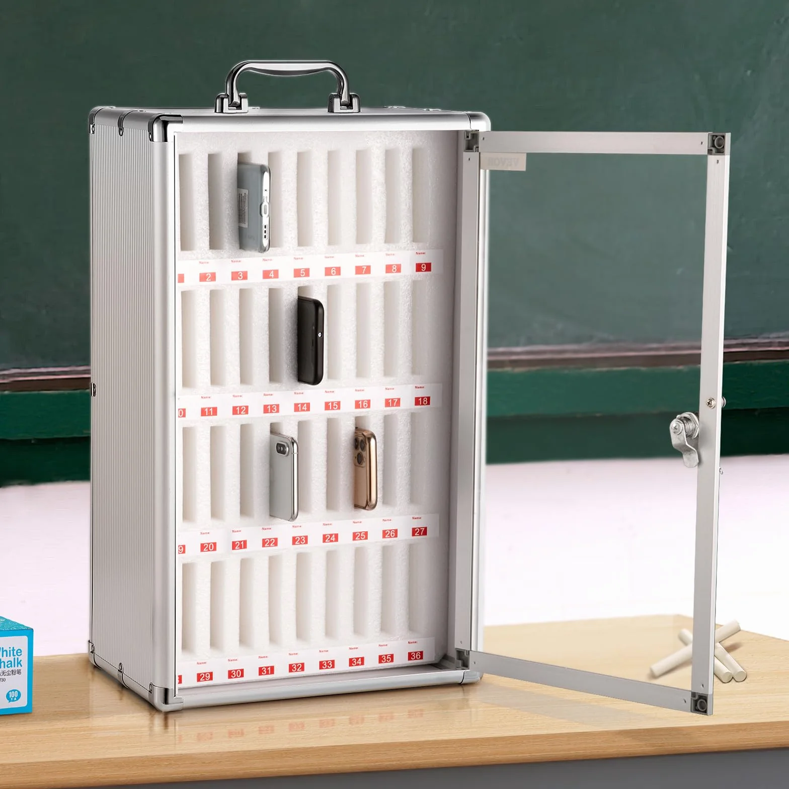 VEVOR Caja de Casillero de Almacenamiento de Teléfonos 32x20x51 cm Caja de Administración de Celular Cojinete de Carga 20 kg Caja de Almacenamiento de Teléfonos con 36 Ranuras y 2 Llaves para Clases