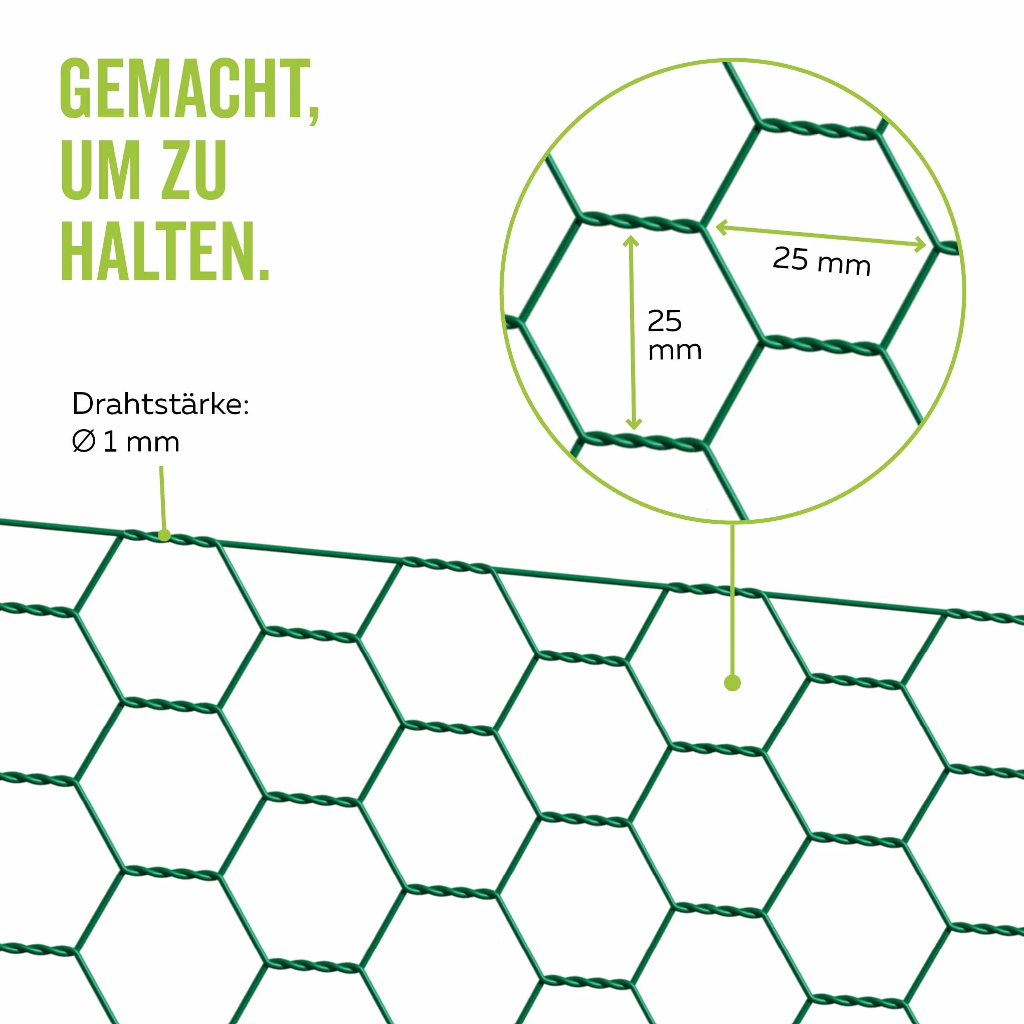 Alberts 614232 Tela metálica de malla hexagonal, Distintas longitudes y alturas - disponible en diferentes colores, Verde, Mallas 25 x 25 mm, Altura 50 cm, Longitud 25 m