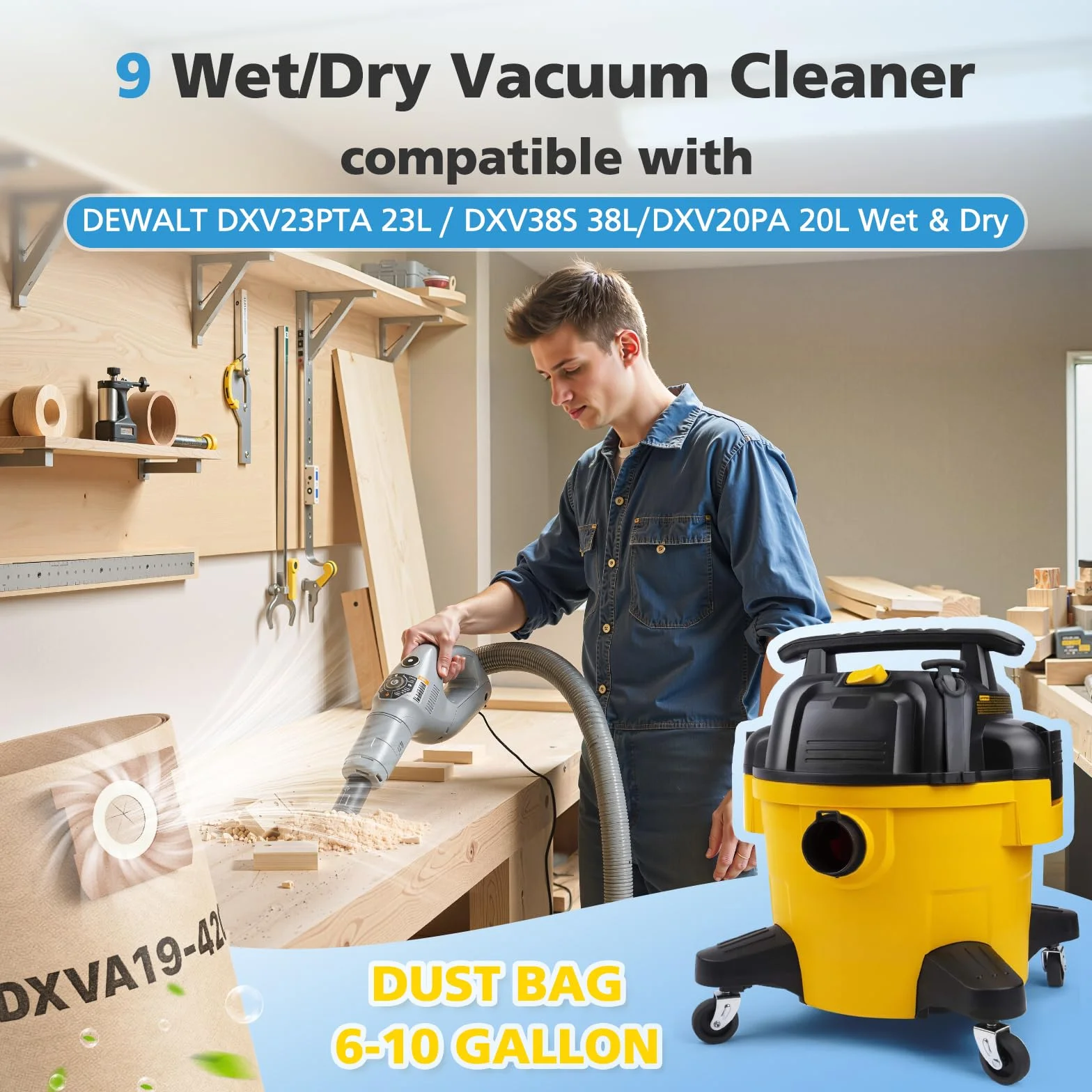 iSingo 9 bolsas de aspiradora compatibles con aspiradoras DeWalt DXV23PTA 23L DXV38S 38L DXV20PA 20L, DXV34P, DXW38P, DXV30S, bolsas de polvo de repuesto de alta eficiencia, 6 a 10 galones, 80 x 40 cm