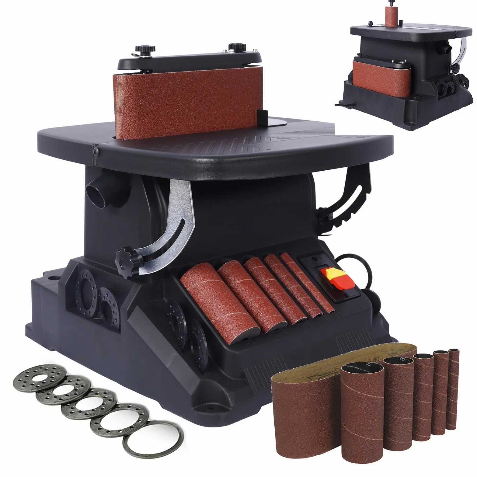 Lijadora combinada 2 en 1 con husillo oscilante vertical y lijadora de banda, lijadora de bobina para carpintería con 5 mangas de lijado, mesa inclinable a 45°, para contornos y curvas