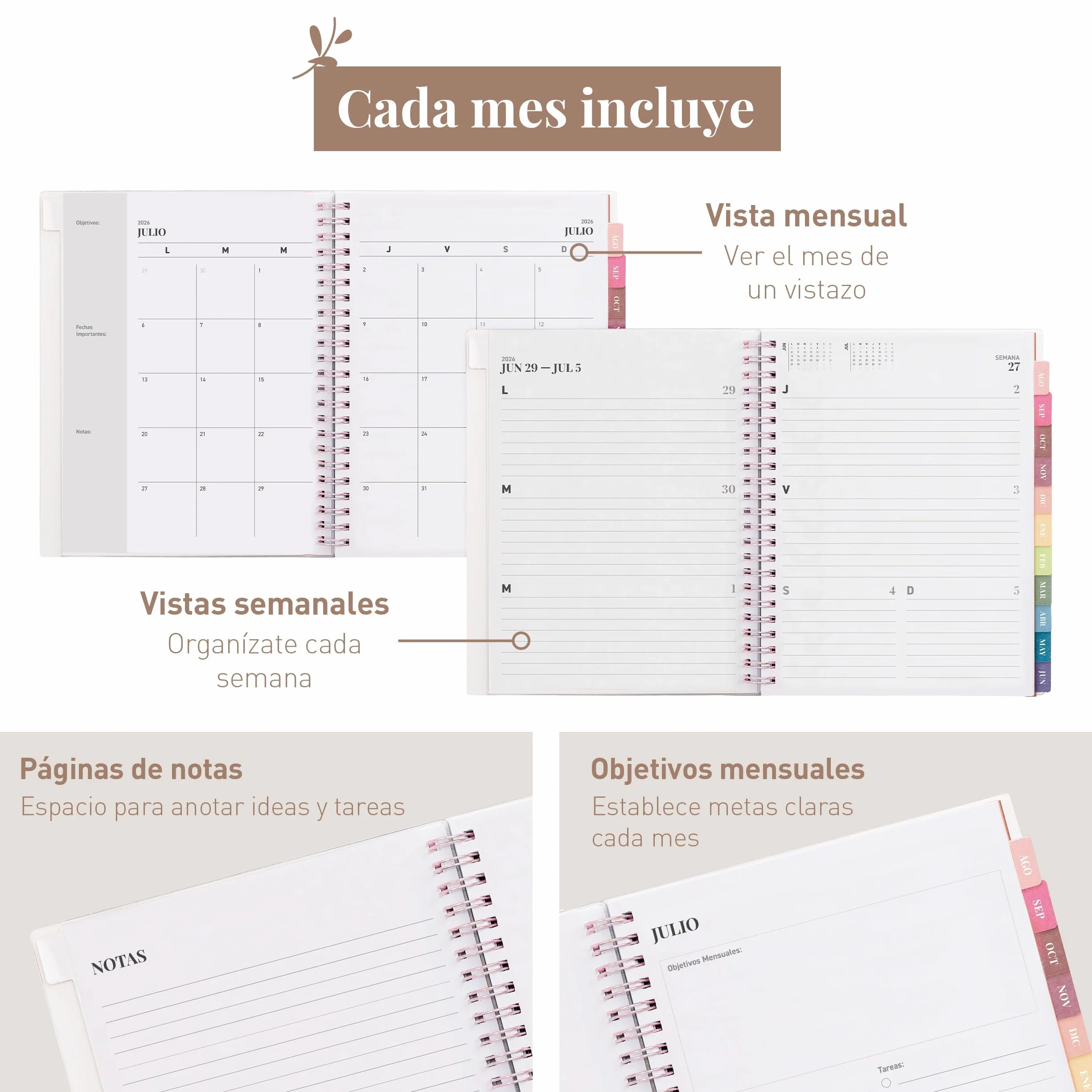 Agenda Escolar 2026–2027 Rileys, Planificador Diario Académica con Anillas, 20 × 15 cm Rosa Tipográfico