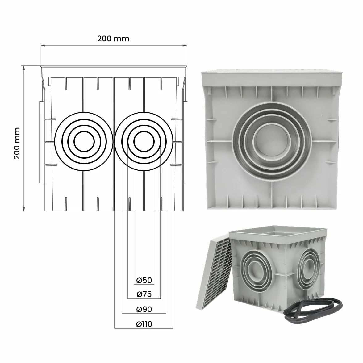 Pack 4 Arqueta Estanca de Suelo Electrica Gris Cuadrada con Tapa Ciega IP54 Arqueta de Riego y Electricidad Arqueta de PVC para Jardin, Drenaje Riego, Instalaciones Eléctricas Tuberías 200x200mm