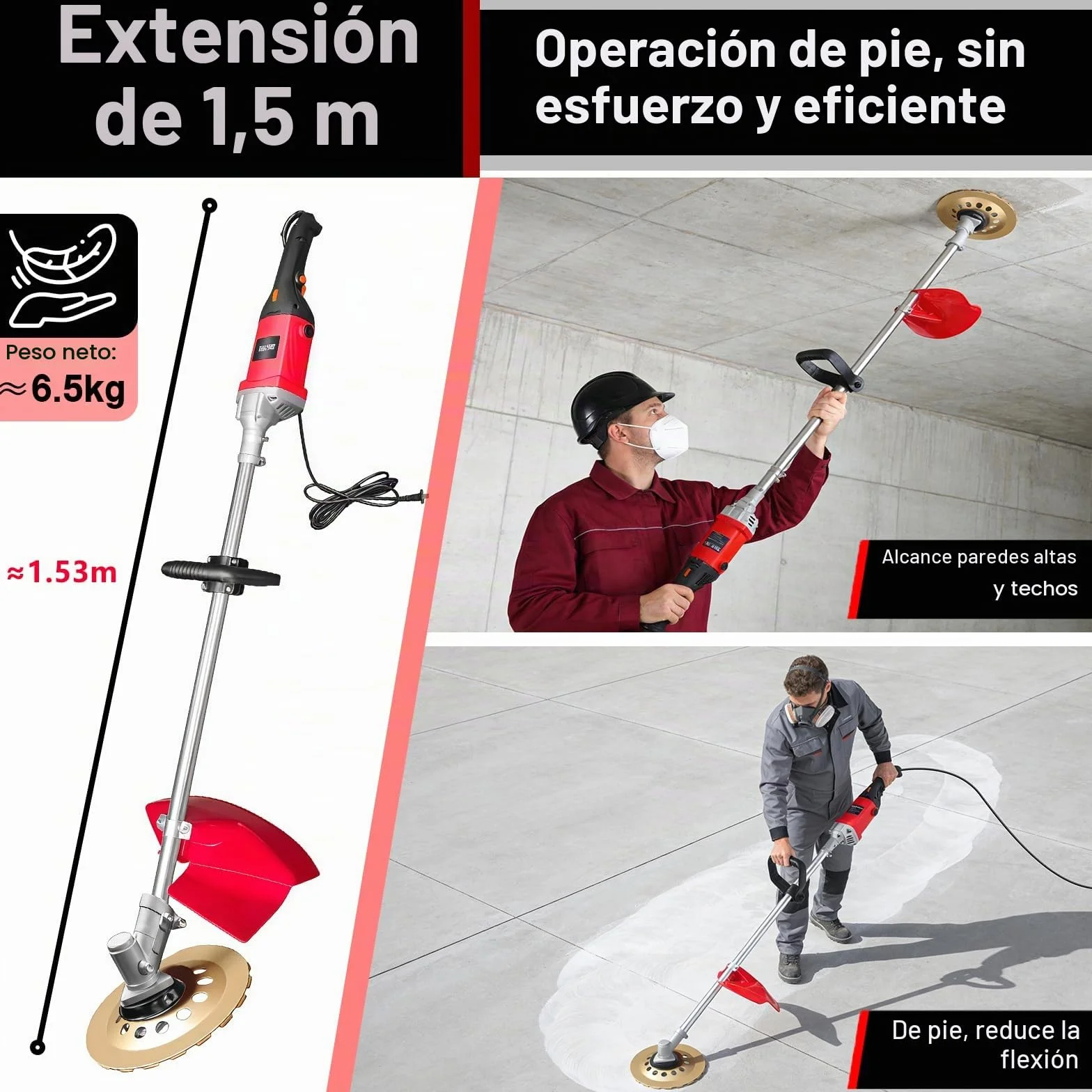 Amoladora de Hormigón Eléctrica de 1,5 M, Lijadora de Hormigón Eléctrica 2800W, Pulidora Suelos, Lijadora de Paredes y Techos, con Plato Lijador 180 mm, Cepillo 200 mm, Para Paredes y Metal