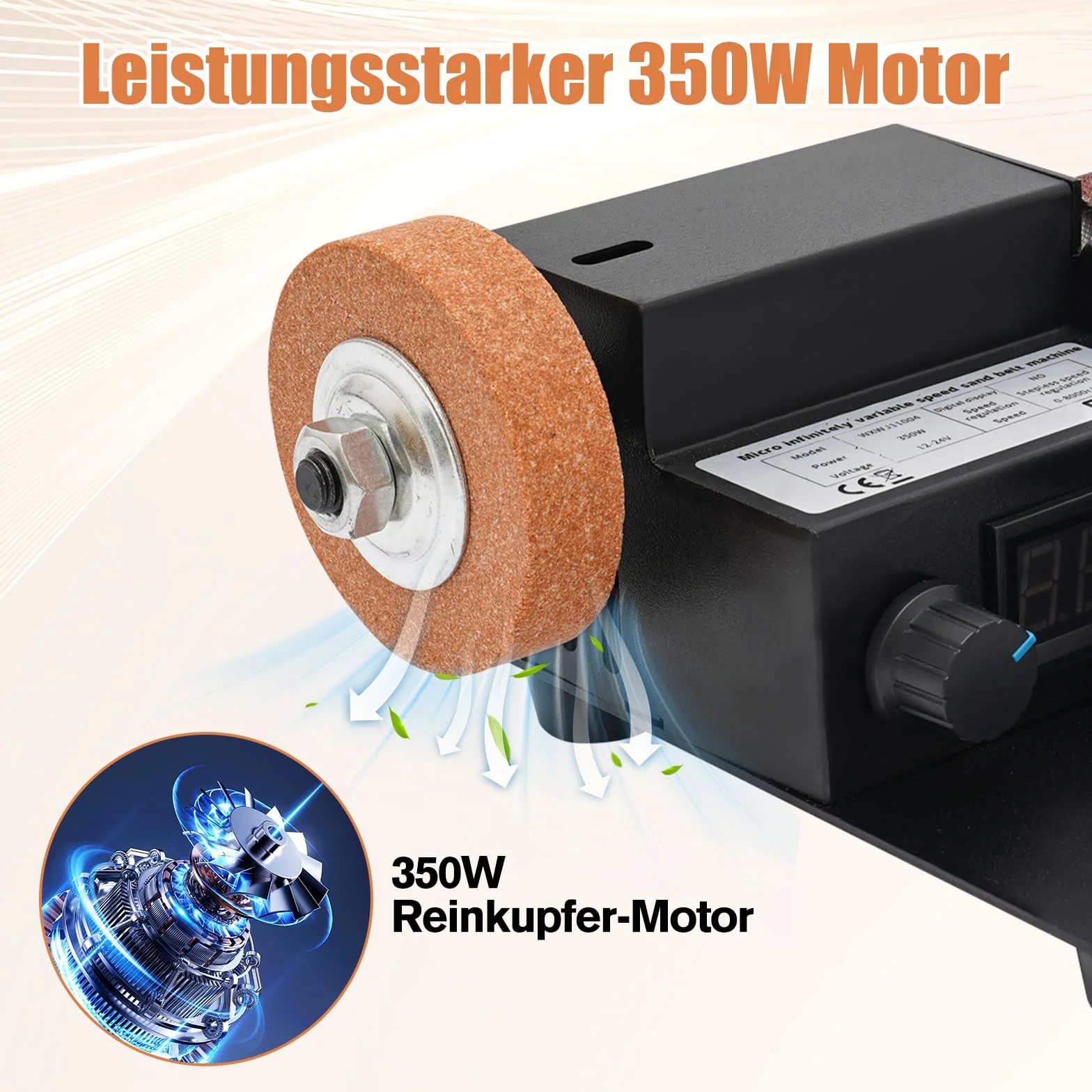 OUKANING Mini Band Sander 350W - Lijadora eléctrica para mesa con 0-10000 RPM, 7 velocidades de regulación de velocidad continua, incluye 10 bandas de lijado, disco abrasivo y accesorio de pulido como
