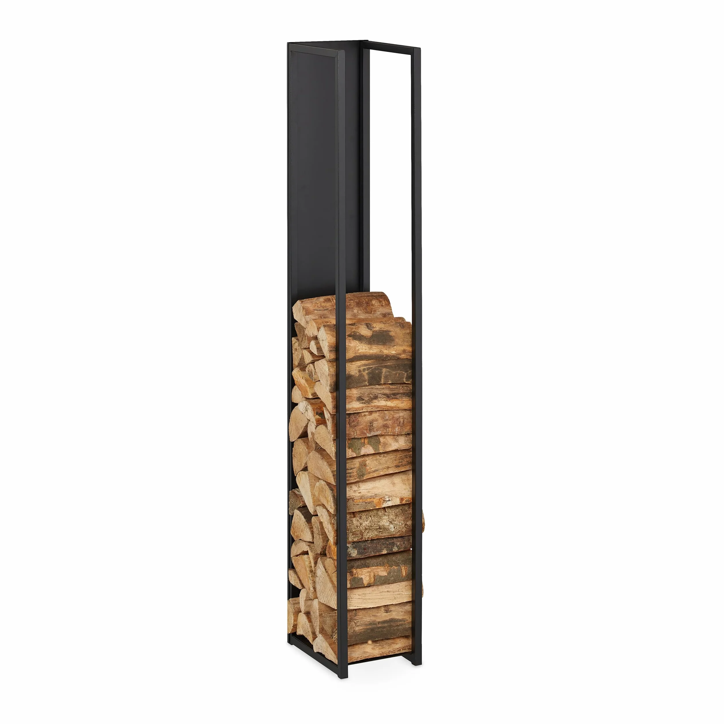 Relaxdays Leñero Alto de Metal Soporte de Leña, Estantería Panel Trasero, para Troncos, Chimenea, 157x23,5x30 cm, Negro