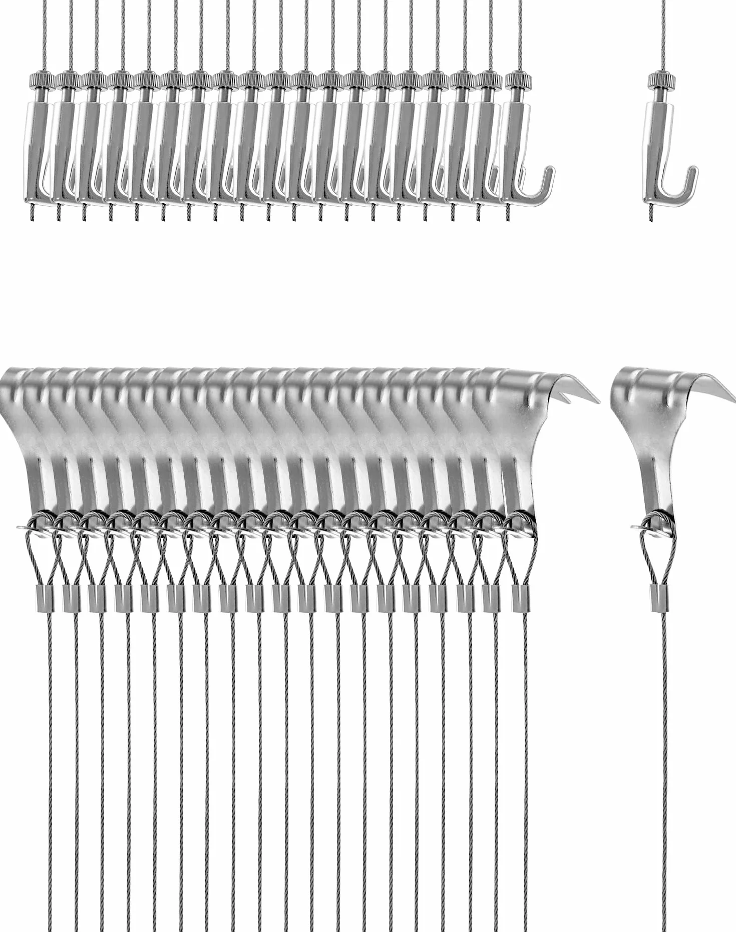 QWORK® Alambre Colgante para Colgar Cuadros Pinturas Fotos, Cable de Colgar de Acero Inoxidable de 2m x Ø1.5mm con Ganchos Ajustables y Gancho de Carril, 20 Piezas