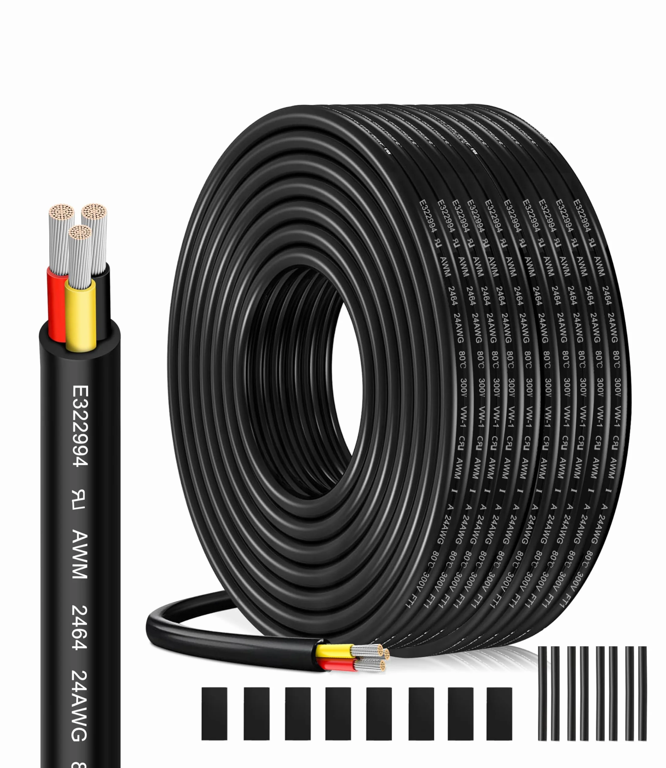 Cable Eléctrico 24 AWG 3 x 0,23 mm² UL2464-20 Metros, 3 Conductores de Cobre Estaño, 300V, Ideal para Iluminación LED Auto, Casa y Aplicaciones Exteriores