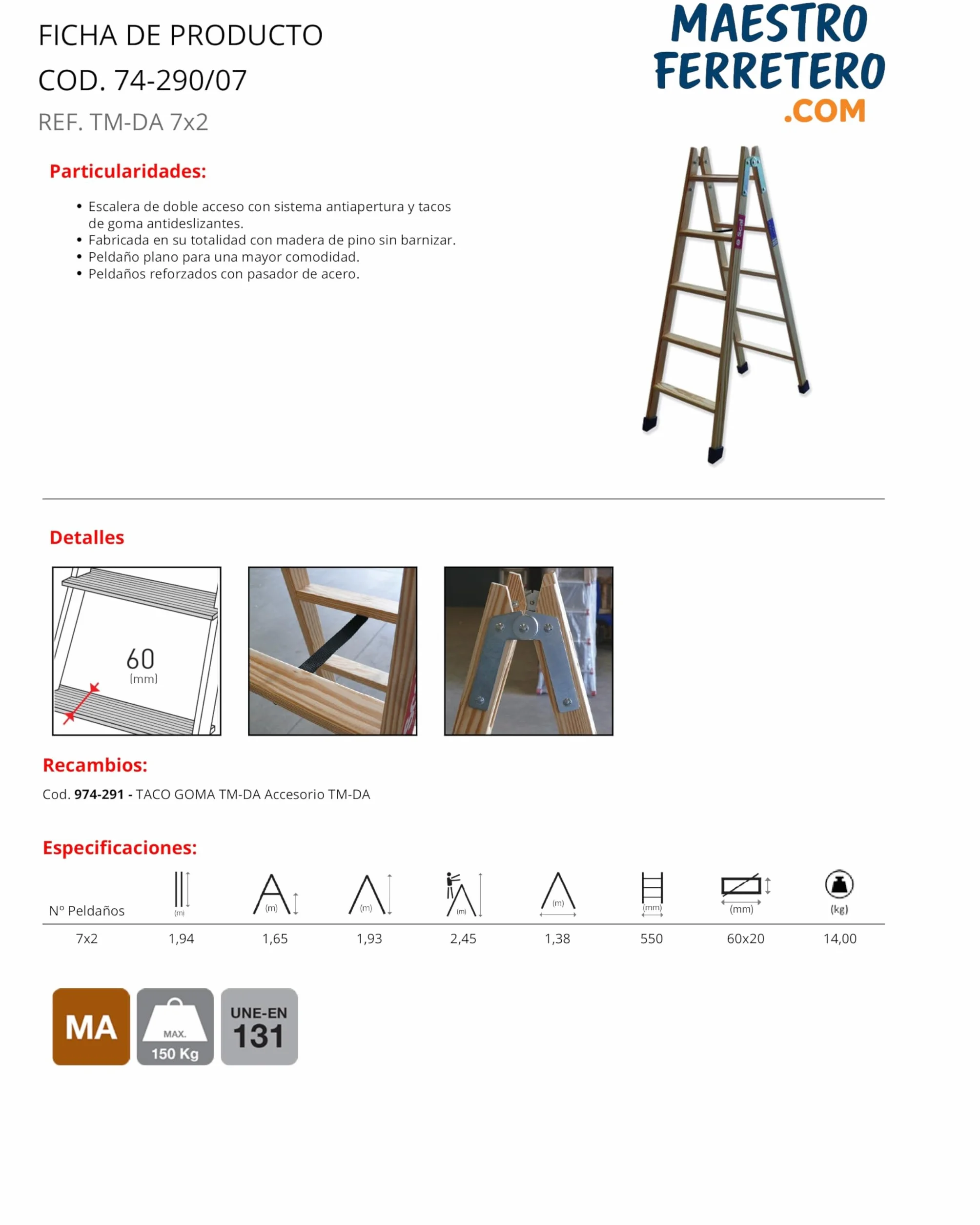 TM-DA Escalera Tijera Doble Acceso de Madera de Pino 7x2 Peldaños 150 kg