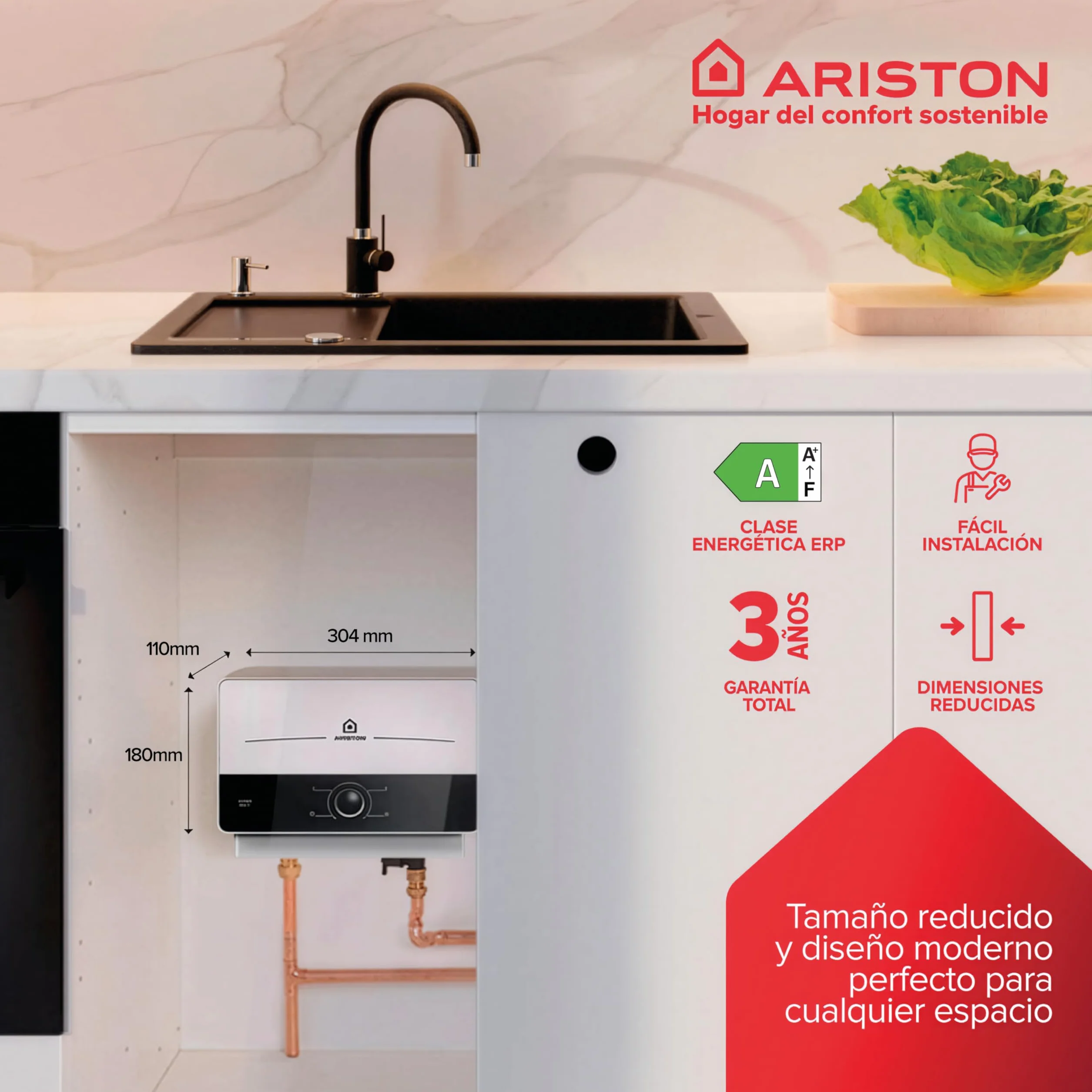 Ariston Aures SM - Termo Eléctrico Vertical Instantáneo, Calentador de Agua Eléctrico Tamaño Reducido, 17,8x30,4x9,8 Fabricado para Instalación en España, Blanco/Negro - Eficiencia A, Rango (A+/F)