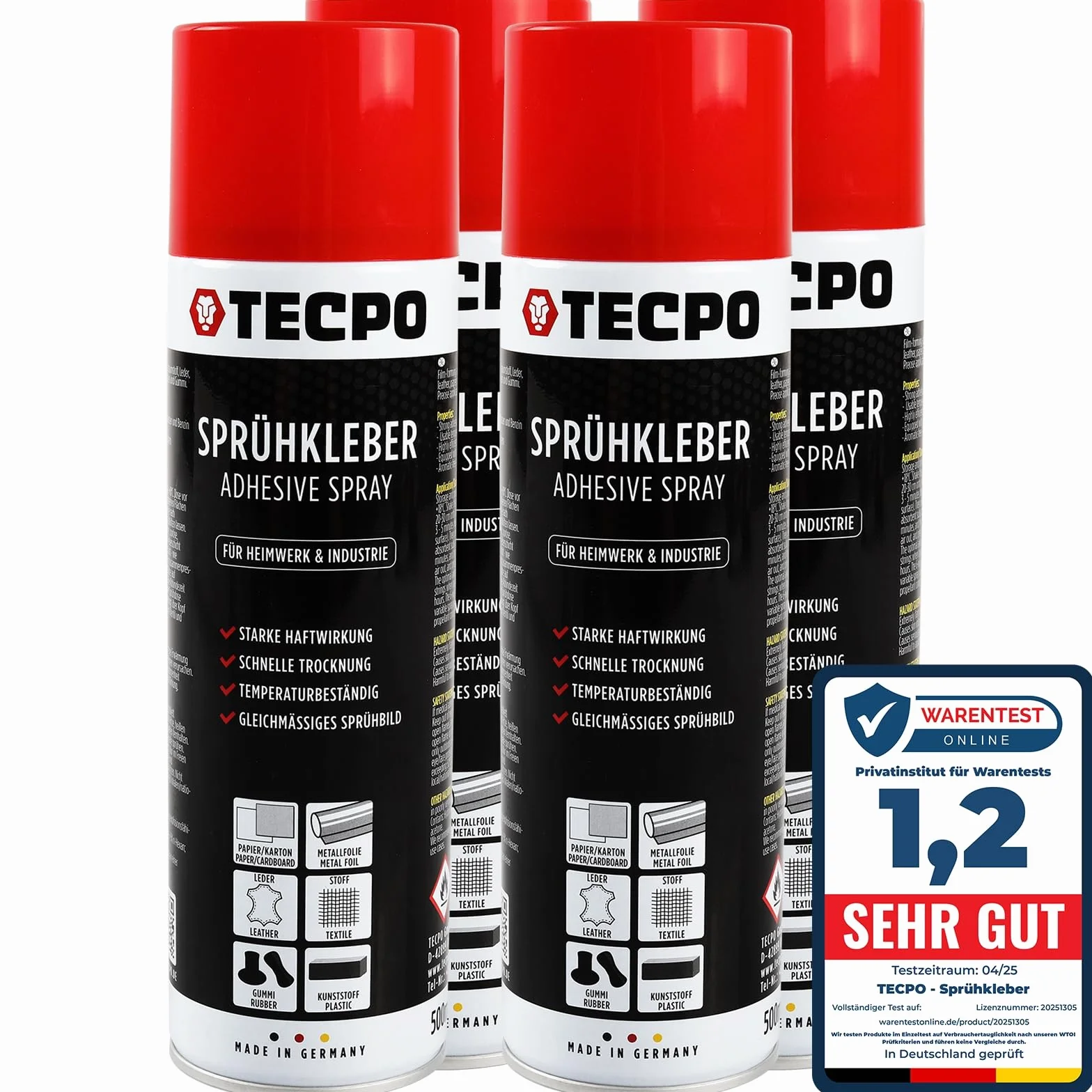 TECPO 4 adhesivos en aerosol, 500 ml, pegamento industrial, pegamento de contacto para piel, espuma, plástico, metal, papel, goma UVM.