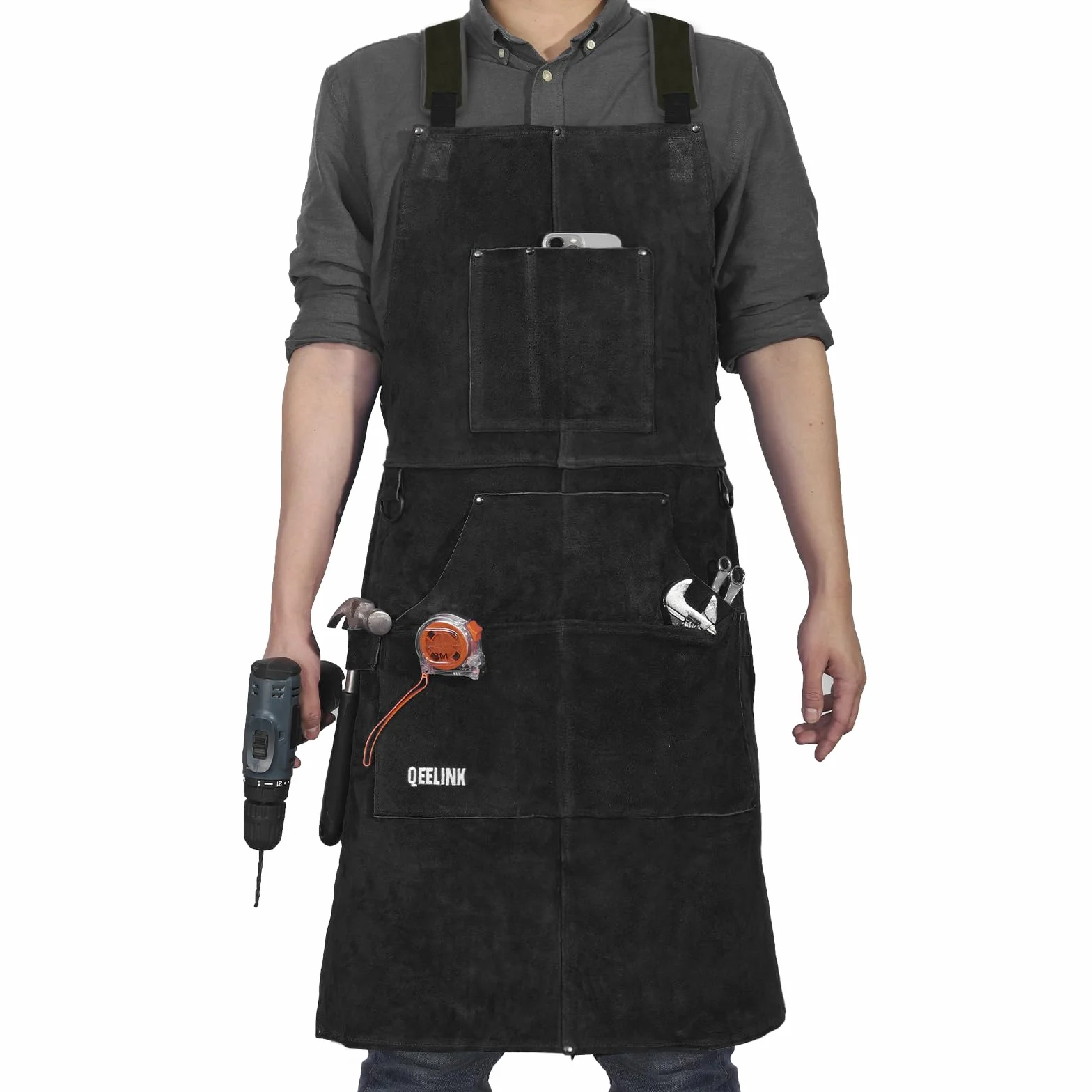 QeeLink Delantal de soldador de cuero con 6 bolsillos, delantal de trabajo resistente al calor y a las llamas, ajustable de M a XXXL
