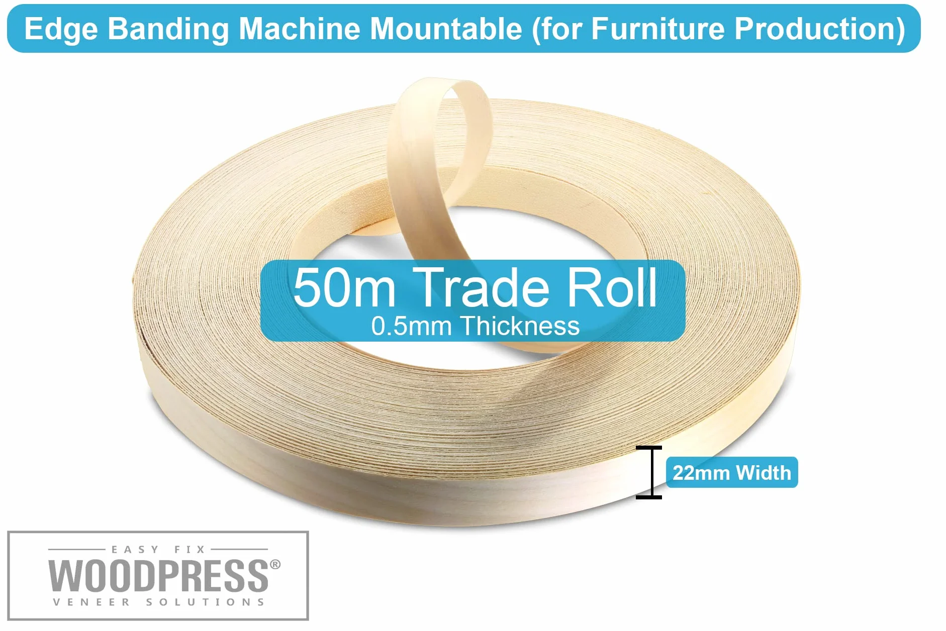 Cinta de borde de chapa prepegada de madera de abedul real de 22 mm - Rollo comercial de 50 m - Aplicación de madera para planchar